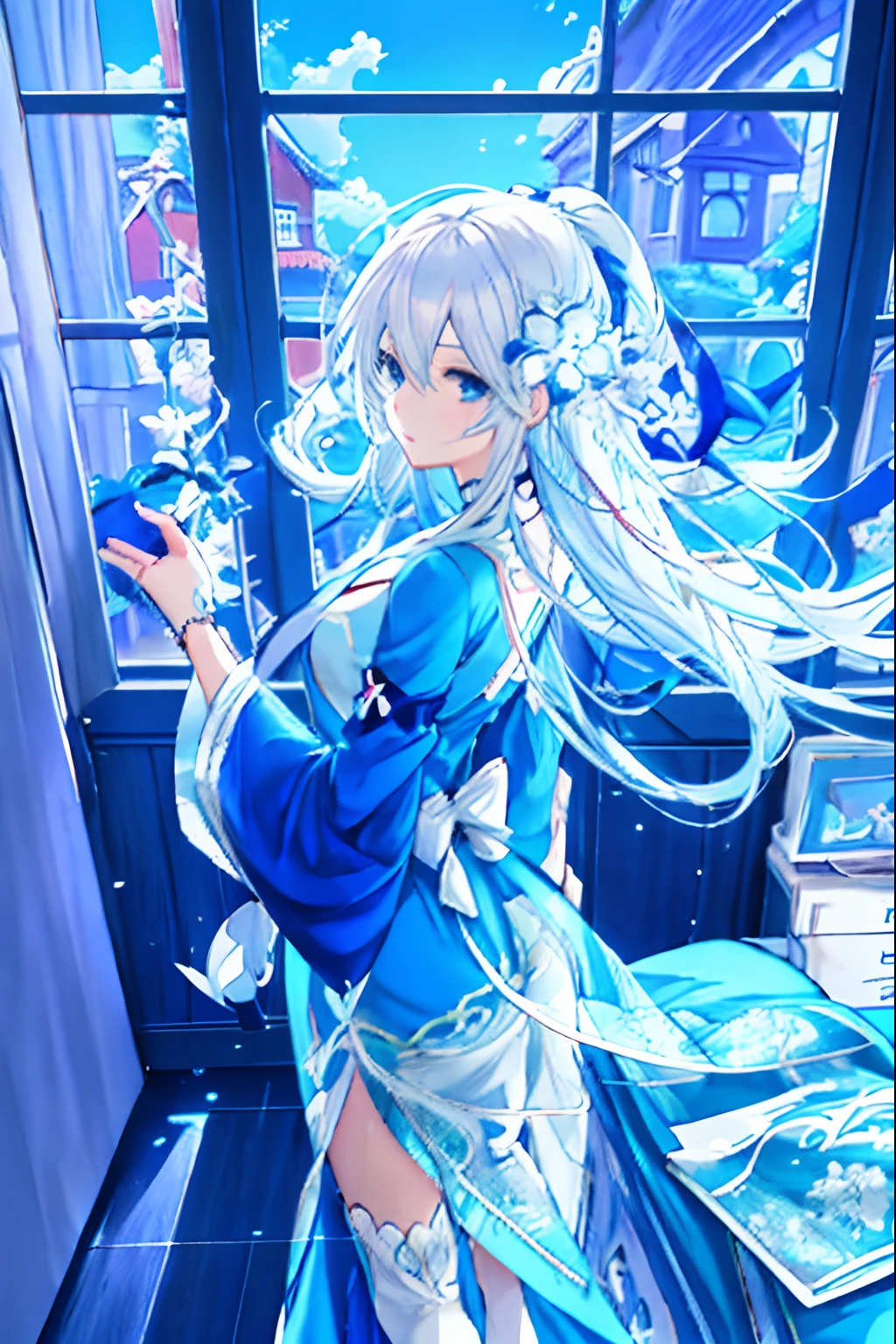 Anime girl in blue dress standing in front of window, anime art wallpaper 4k, anime art wallpaper 4k, anime style 4 k, beautiful anime artwork, Anime art wallpaper 8k, digital art on pixiv, beautiful anime art, white haired god, anime wallpaper 4 k, anime wallpaper 4k, clean detailed anime art, Detailed Digital Anime Art