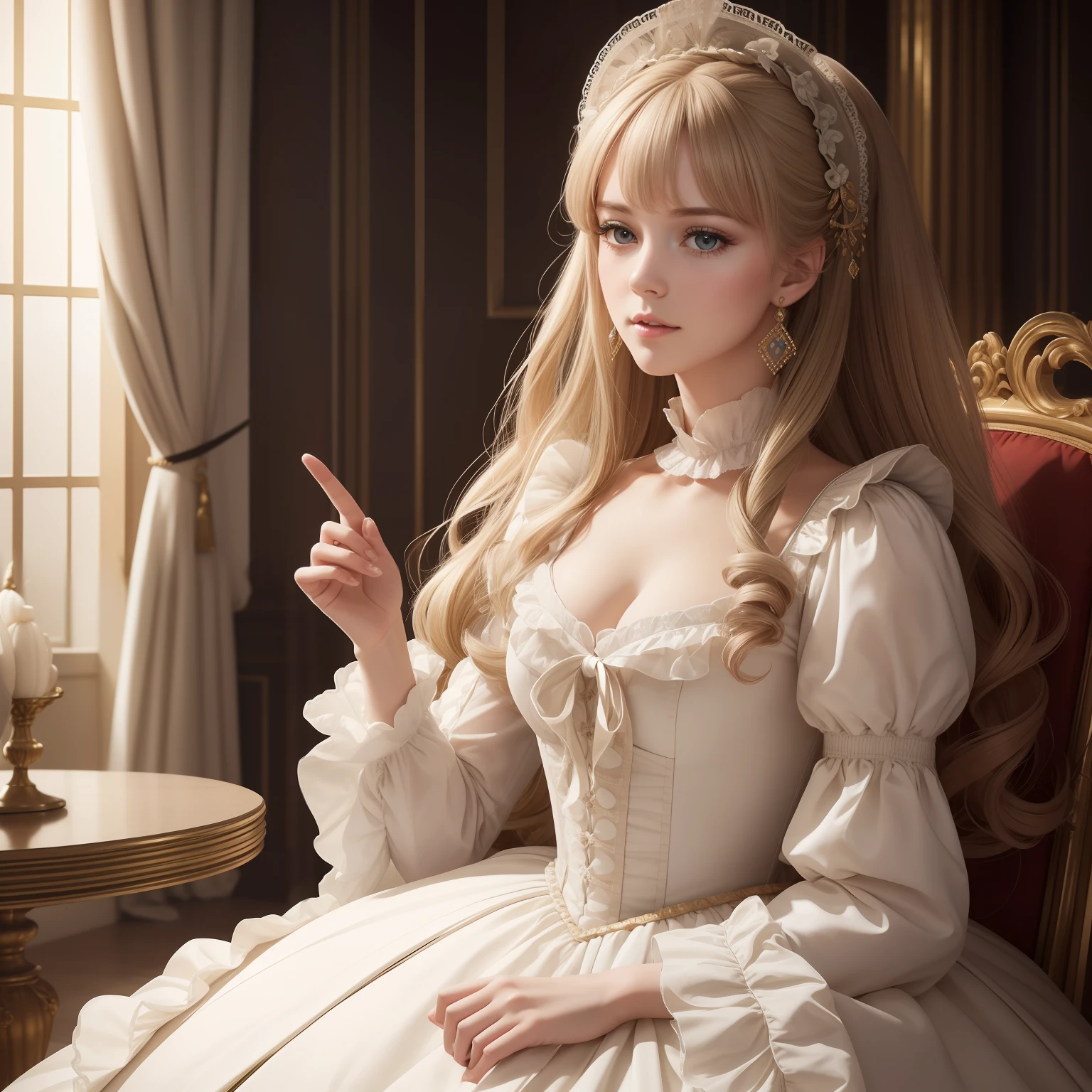 Pretty capricious girl in a white fluffy princess dress with golden hair with a doll on the sofa
