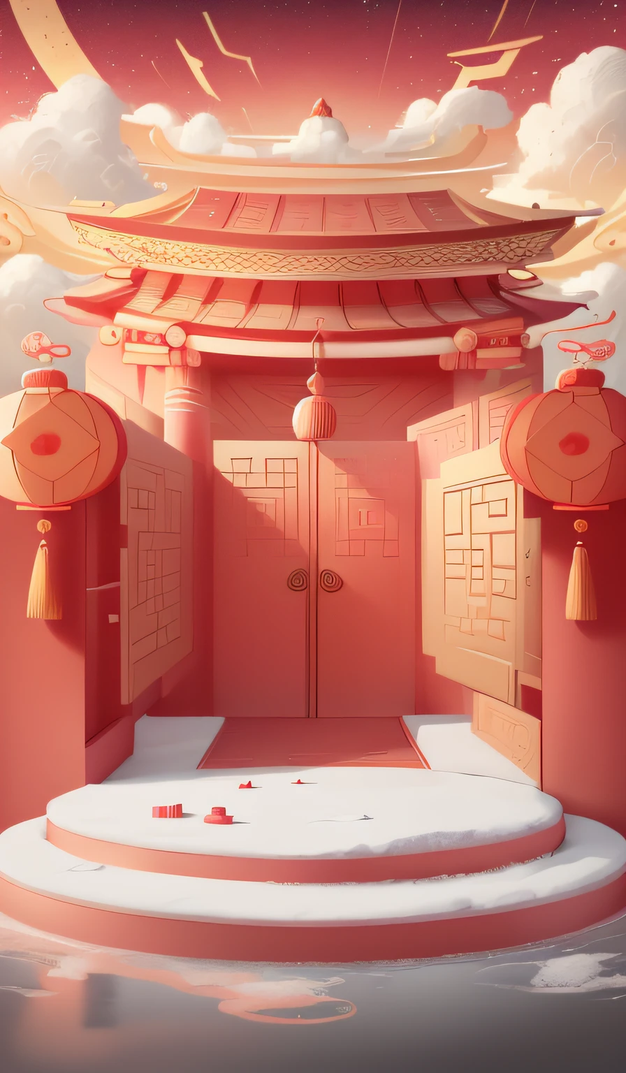 The stage is in the middle,Auspicious clouds,New Year atmosphere,Chinese elements,ancient buildings of China,red envelopes,jubilation,Red theme,Lanterns,The door is wide open,Time Tunnel,pillar