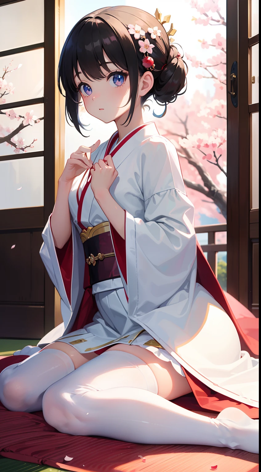 (masterpiece, best quality, ultra-detailed)、doress, ,white stockings, girl, twinkle, Eyes that shine like jewels,inside the house、romantic lighting,soft focus, A Japanese style, cherry blossom petal, wide shot.
