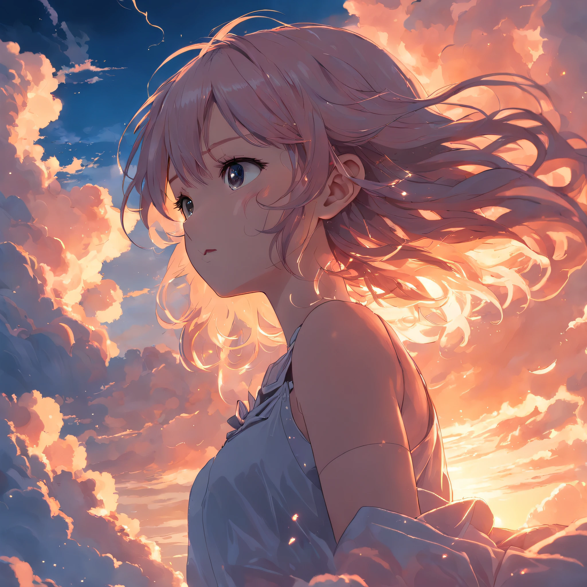 "masutepiece, Outstanding quality, Cinematic shots of girls, An ethereal cloud-like figure floating in the sky, Captivating close-ups, Vividly illuminated with a warm soft glow, Set during a beautiful sunset, With a gentle spark of magic: 0.7."