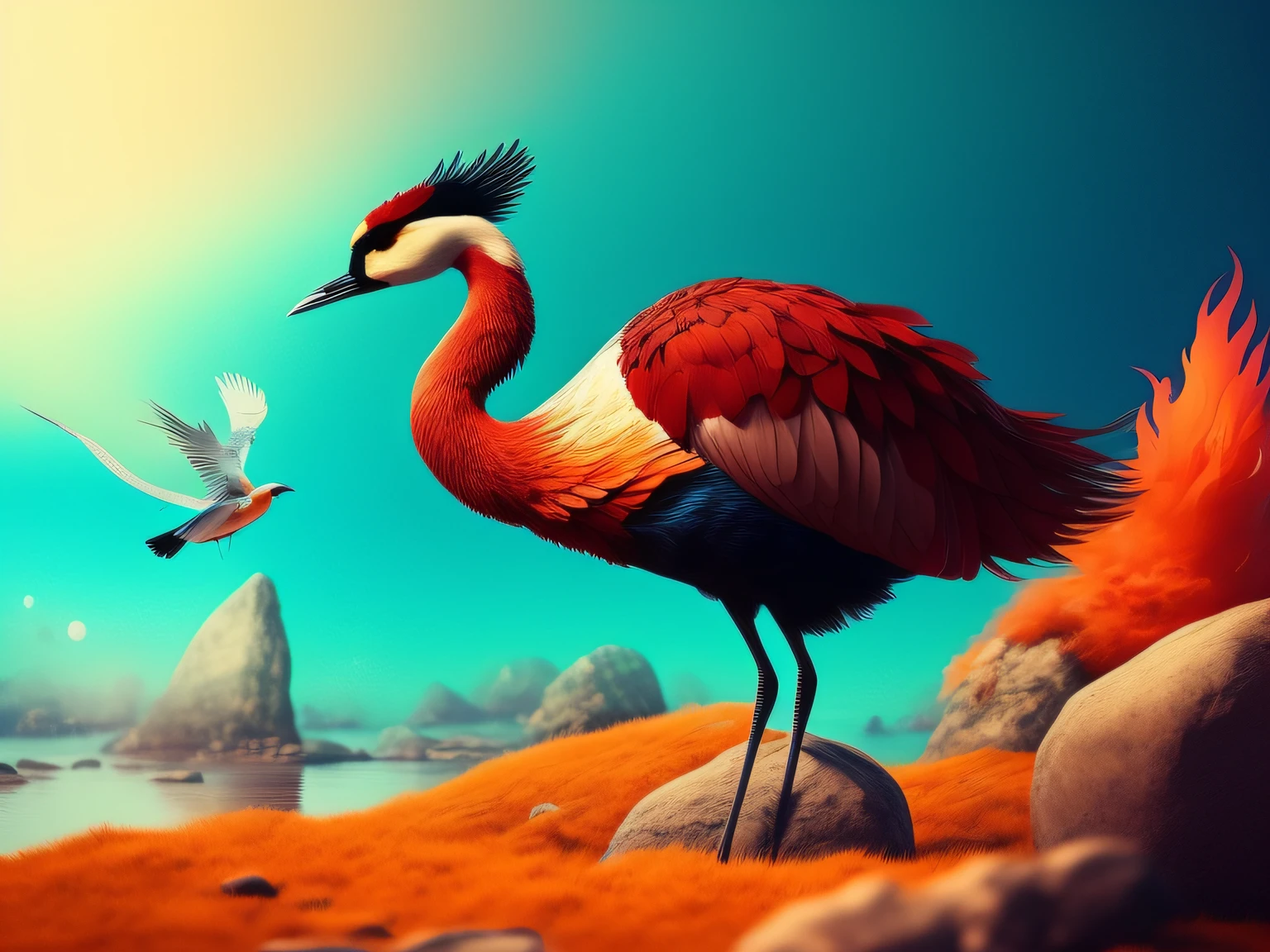 There is a one-legged red-crowned crane standing on a rock in the grass, Cyan back feathers，Red belly feathers，White mouth，a digital painting inspired by Mike Winkelmann, cgsociety contest winner, Fantasy art, fiery bird, birds f cgsociety, Beautiful digital artwork, surrealistic bird, Fantasy art Behance, stunning digital illustration, artwork of a phoenix, surrealistic bird, trend on behance 3d art
