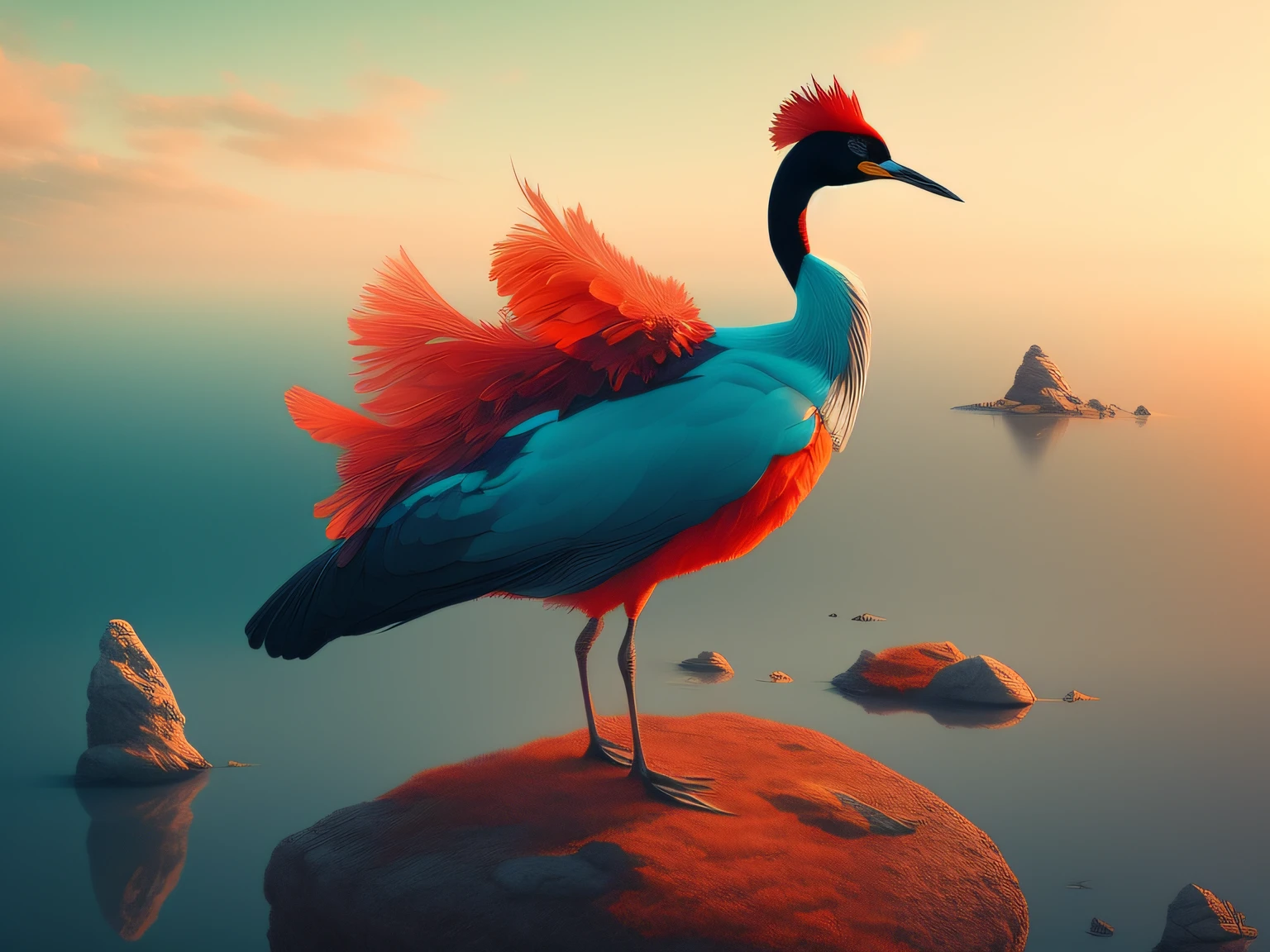 There is a one-legged red-crowned crane standing on a rock in the grass, Cyan back feathers，Red belly feathers，White mouth，a digital painting inspired by Mike Winkelmann, cgsociety contest winner, Fantasy art, fiery bird, birds f cgsociety, Beautiful digital artwork, surrealistic bird, Fantasy art Behance, stunning digital illustration, artwork of a phoenix, surrealistic bird, trend on behance 3d art