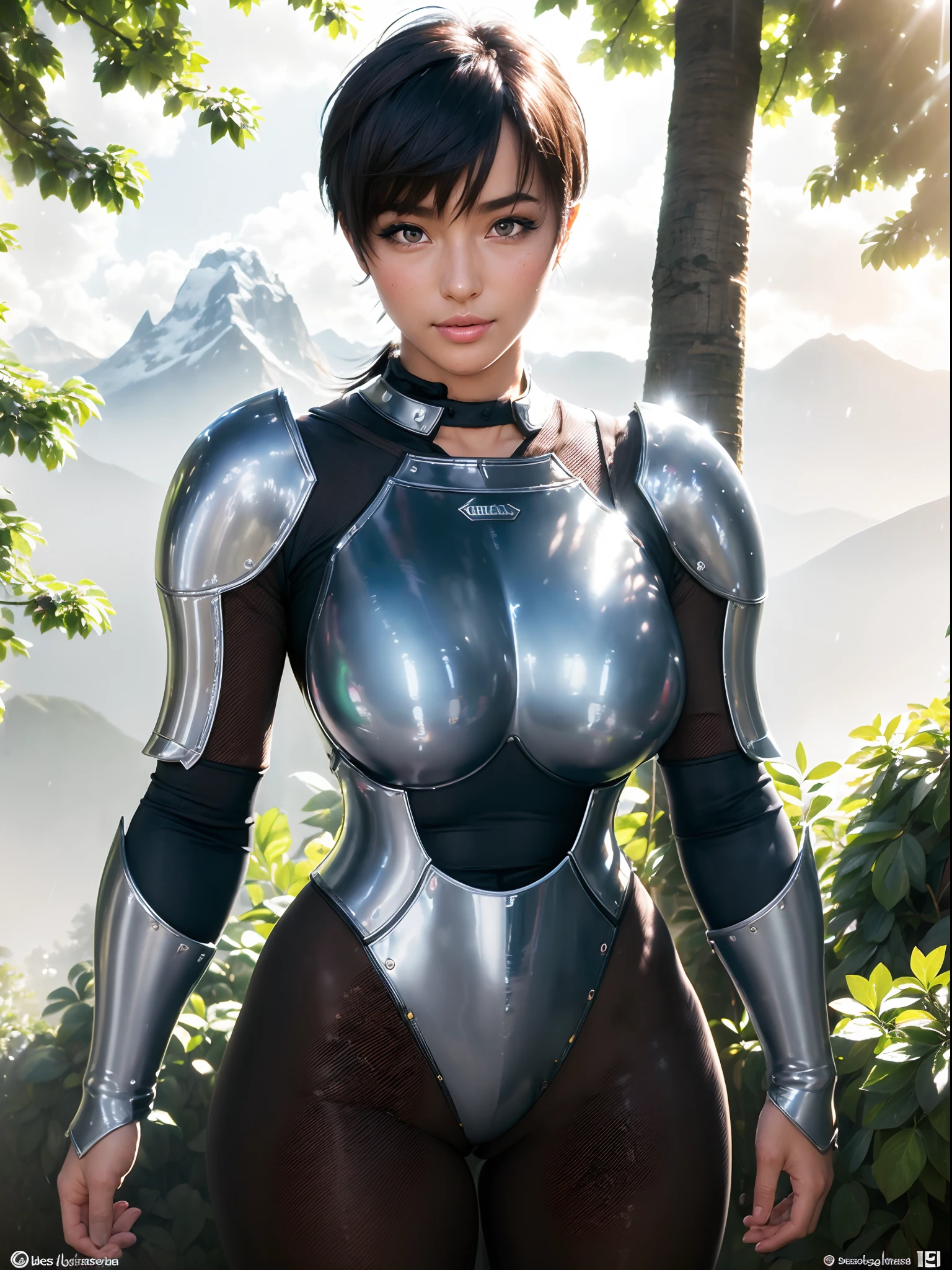 (masterpiece, best quality:1.4), (standing:1.4), (dinamic pose:1), 1girl, casca_berserk, short hair, (dark skin, dark-skinned female:1.2), brown hair, brown eyes, nature, cinematic light, silver armor, (full armor, knight outfit:1.4), large breasts, cleavage, mini skirt, green field with mountains after rain, beautifull smile, beautiful face, highly detailed face, highly detailed eyes, highly detailed skin, skin pores, subsurface scattering, realistic pupils, full face blush, full lips, detailed background, depth of field, volumetric lighting, sharp focus, absurdres, realistic proportions, good anatomy, (realistic, hyperrealistic:1.4), 16k hdr,