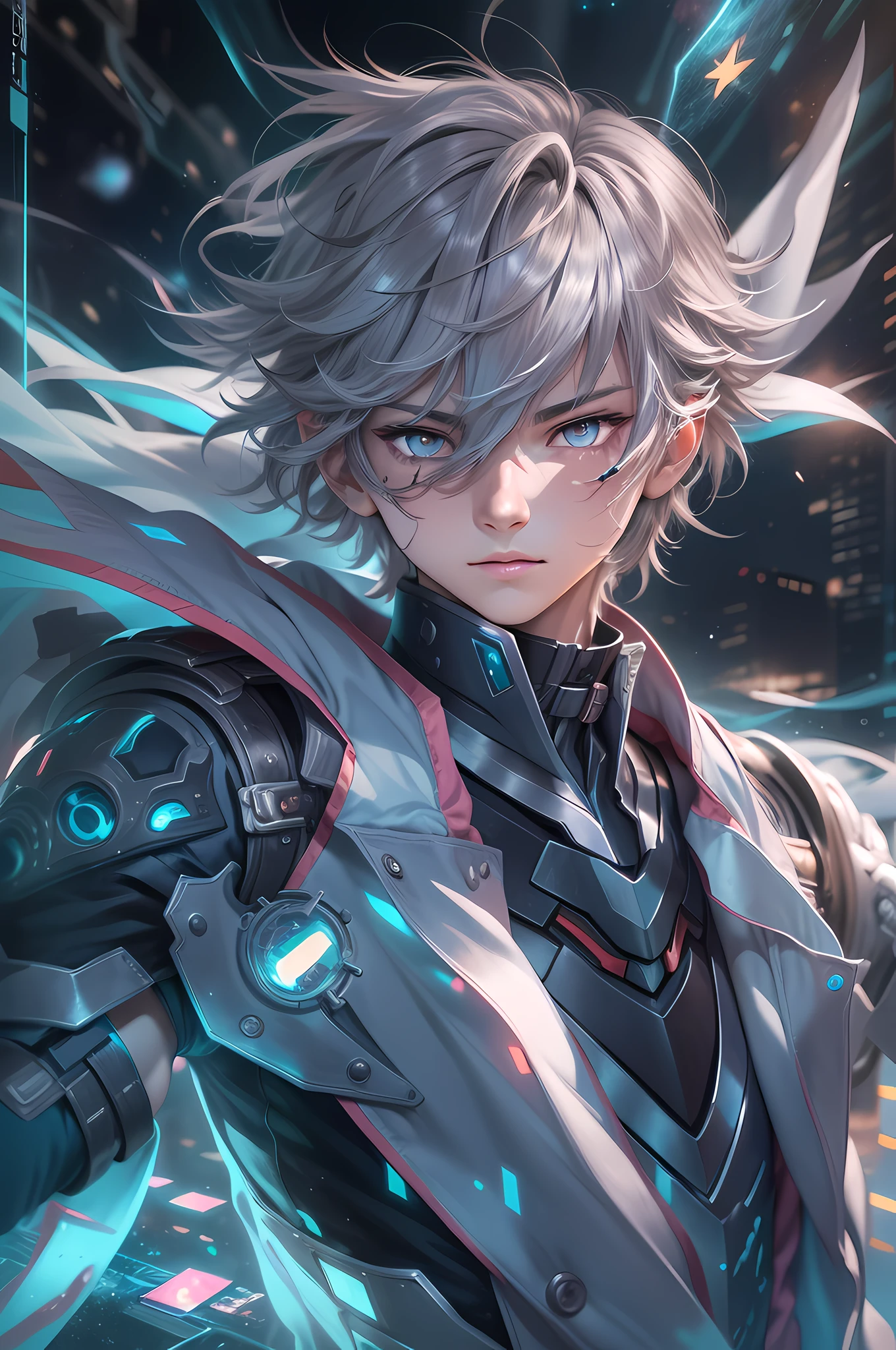 1boy, caelus honkai star rail, Zhongli face, (yami yugi hair style, silver eyes), top resolution, battlesuit body, galaxy, detailed anime art, anime walpaper 4k, anime fantasy illustration, (detailed arm, human hand), (Detailed face), (Detailed Body)