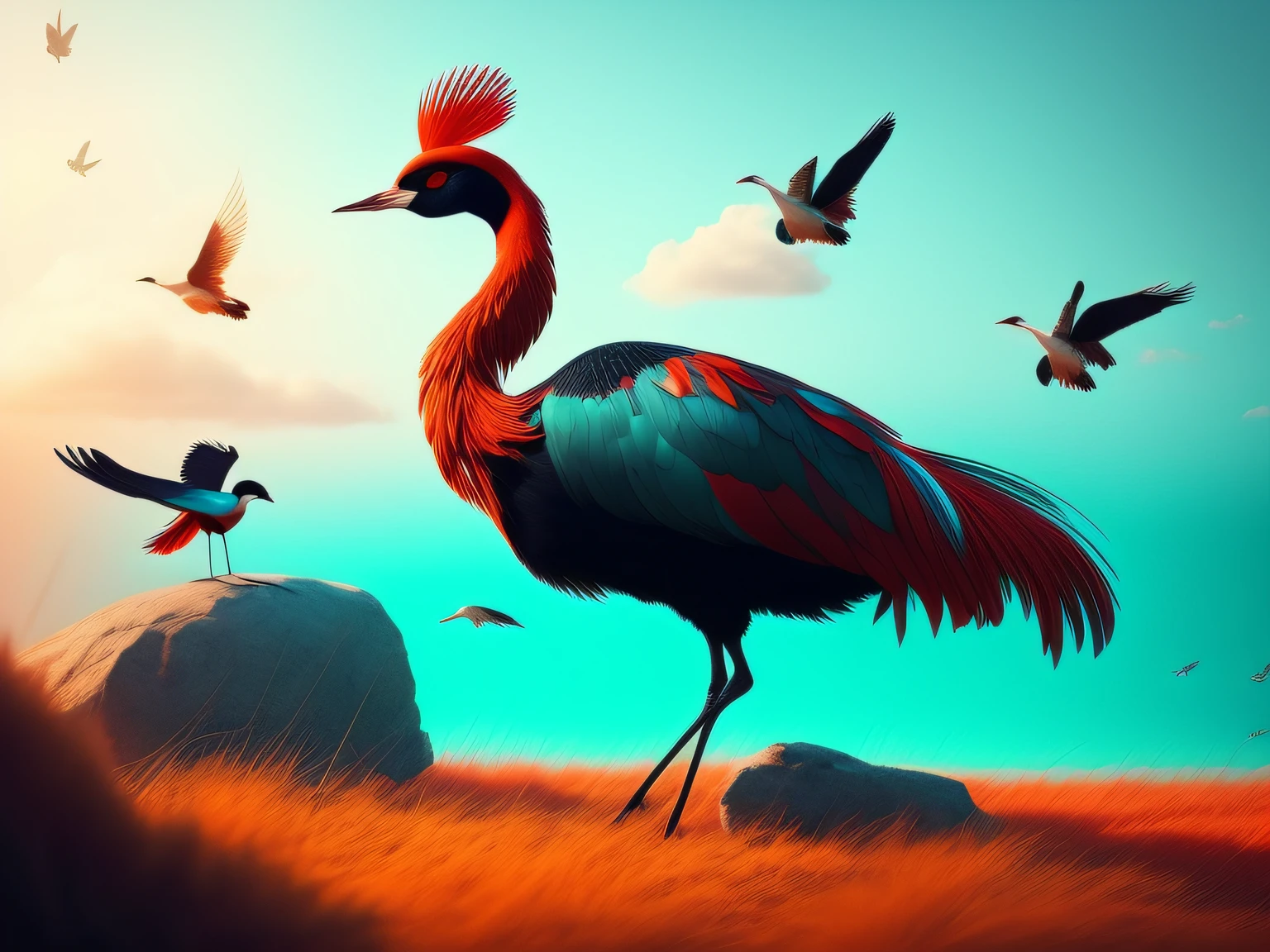 There is a one-legged red-crowned crane standing on a rock in the grass, Cyan back feathers，Red belly feathers，White mouth，a digital painting inspired by Mike Winkelmann, cgsociety contest winner, Fantasy art, fiery bird, birds f cgsociety, Beautiful digital artwork, surrealistic bird, Fantasy art Behance, stunning digital illustration, artwork of a phoenix, surrealistic bird, trend on behance 3d art