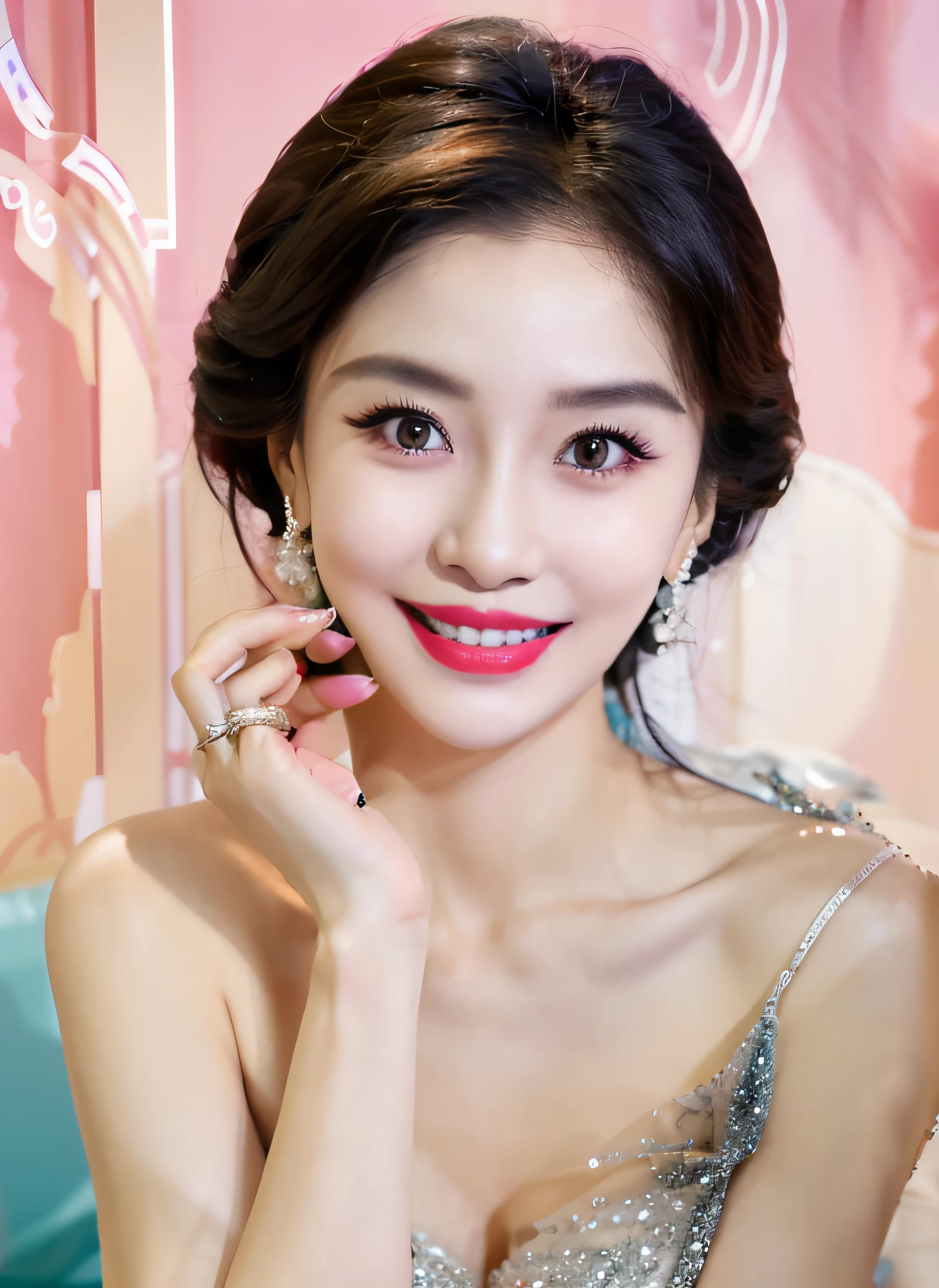 Arakfi Asian woman,Wear red lipstick,point finger with ring on it, Popular Korean makeup, Popular Korean makeup, Gorgeous young Korean woman, yanjun cheng, Beautiful young Korean woman, young lovely Korean faces, shaxi, young cute wan asian face, cute delicate face, beautiful Korean women, professional make-up, pale milky white porcelain skin,A plump chest,Wearing a white lace suspender,black hair, hair bobbles, wince, longeyelashes, solid circle eyes, fake animal ears, light smile, ear blush, fang, Surrealism, drop shadow, anaglyph, stereogram, tachi-e, pov, atmospheric perspective, 8k, super detail, ccurate, best quality