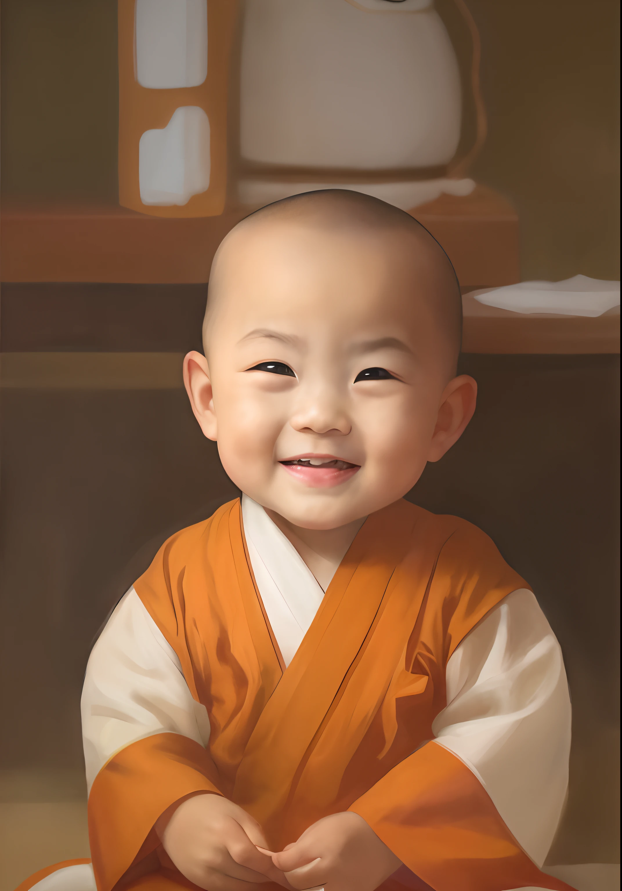 arafed baby sitting on the floor in a traditional outfit, monk clothes, Buddhist, Innocent smile, Cute digital painting, ruan jia beautiful!, aang, Portrait shooting, Cute boy, a still of a happy, Yan, buddhist monk, avatar aang, little shy smile, Innocent face, monk, With a happy expression, naranbaatar ganbold
