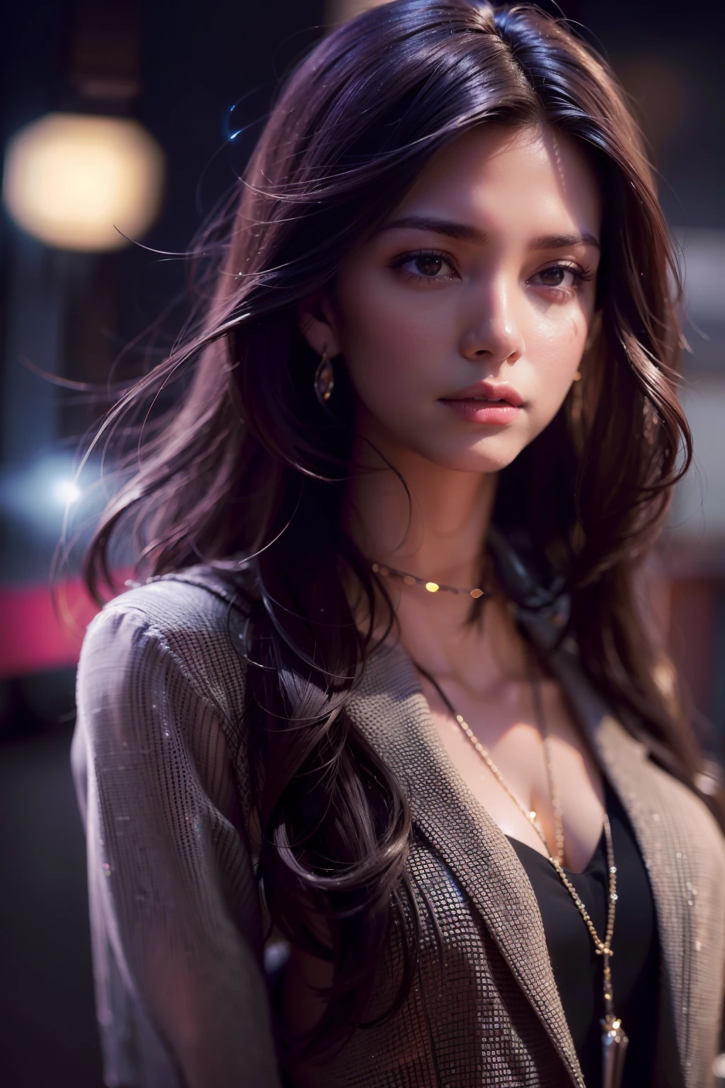 ( 
    (Character: one Israeli woman, 20 years old, brunette, long hair)
    (Clothing: black lawyer clothes, jewels, high heels)
    (Pose: full body shot:1.7, dynamic pose)
    (blurry, intense urban lights in background) 
    (Style: ((masterpiece:1.5)), (face detailed), photo-realistic:1.3, hyperrealistic, foggy, high contrast, shiny skin, soft lighting, backlighting, bloom, light sparkles, chromatic aberration)