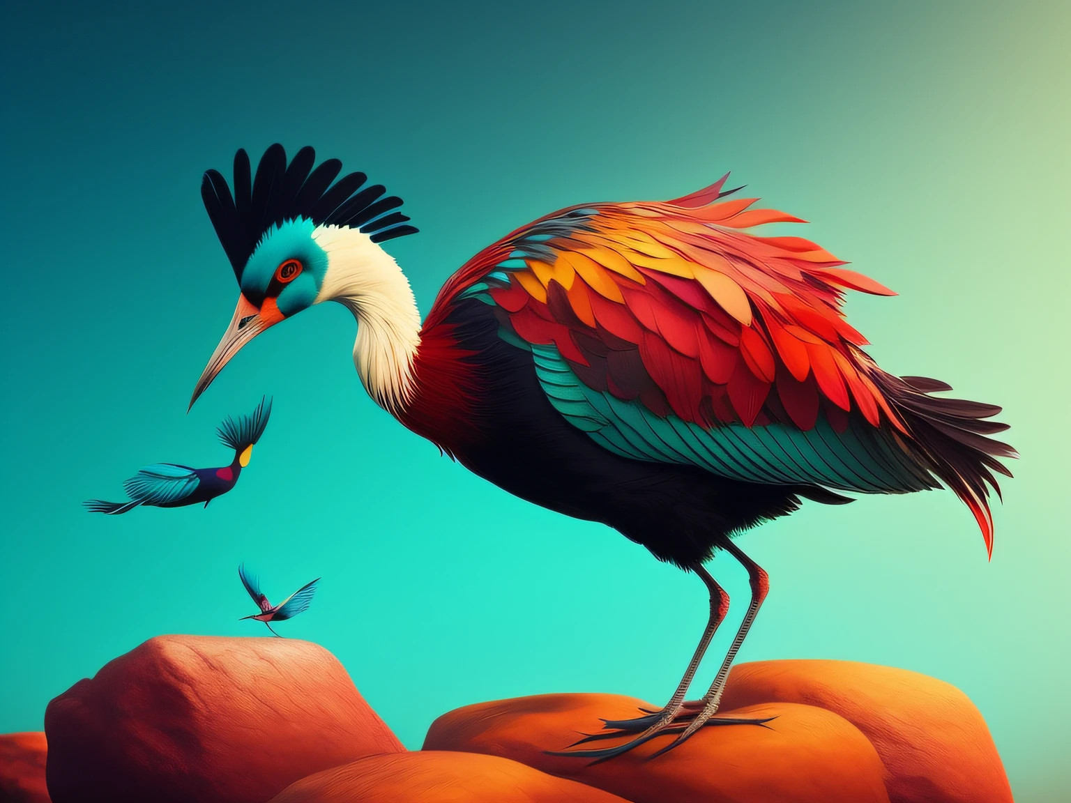 There is a one-legged red-crowned crane standing on a rock in the grass, Cyan back feathers,Red belly feathers,White mouth,a digital painting inspired by Mike Winkelmann, cgsociety contest winner, Fantasy art, fiery bird, birds f cgsociety, Beautiful digital artwork, surrealistic bird, Fantasy art Behance, stunning digital illustration, artwork of a phoenix, surrealistic bird, trend on behance 3d art