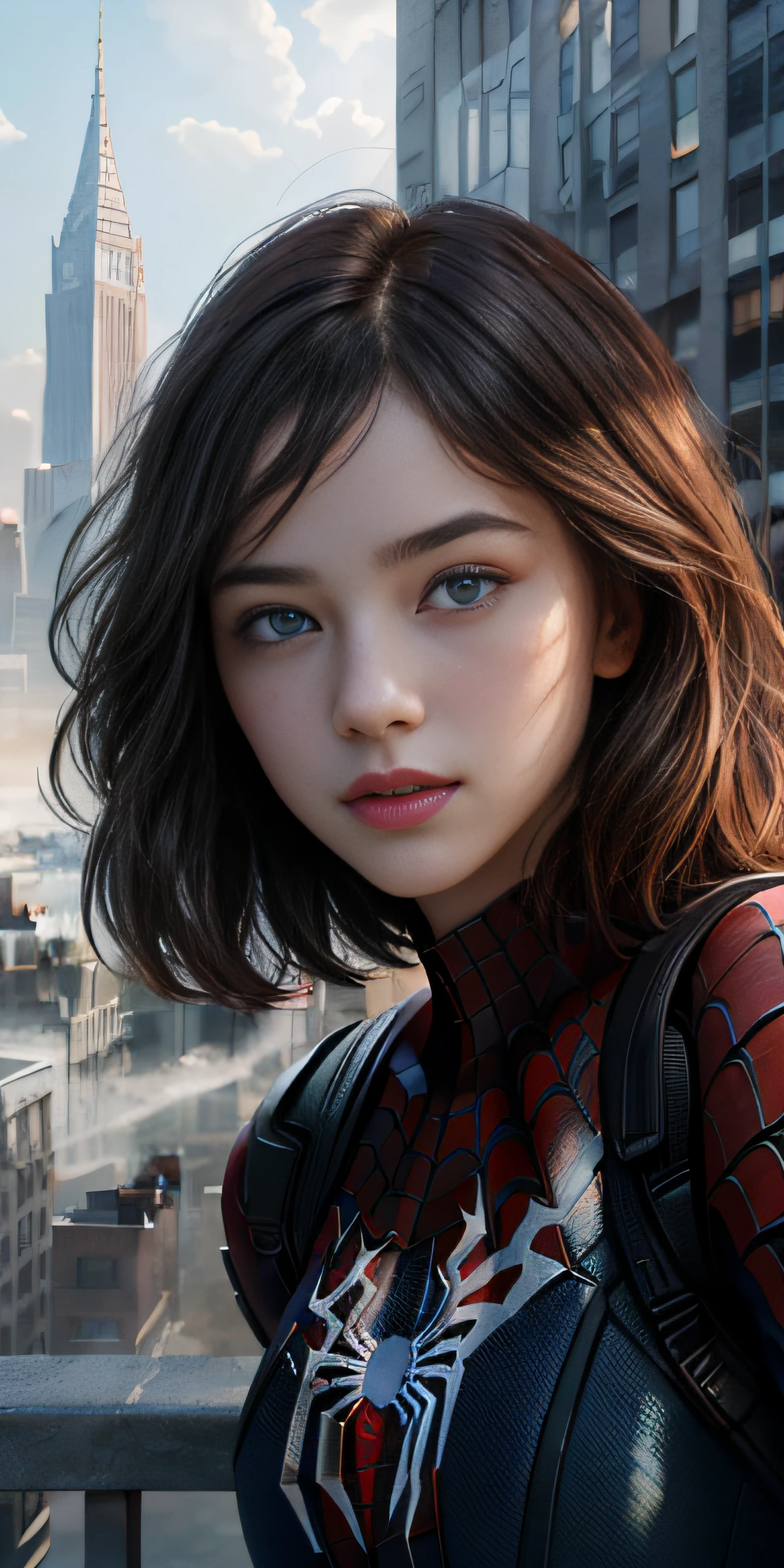 (1girl:1.3), Solo, (((Very detailed face)))), ((Very detailed eyes and face)))), Beautiful detail eyes, Body parts__, Official art, Unified 8k wallpaper, Super detailed, beautiful and beautiful, beautiful, masterpiece, best quality, original, masterpiece, super fine photo, best quality, super high resolution, realistic realism, sunlight, full body portrait, amazing beauty, dynamic pose, delicate face, vibrant eyes, (from the front), She wears Spider-Man suit, red and black color scheme, spider, very detailed city roof background, rooftop, overlooking the city, detailed face, detailed complex busy background, messy, gorgeous, milky white, highly detailed skin, realistic skin details, visible pores, clear focus, volumetric fog, 8k uhd, DSLR, high quality, film grain, fair skin, photo realism, lomography, futuristic dystopian megalopolis, translucent