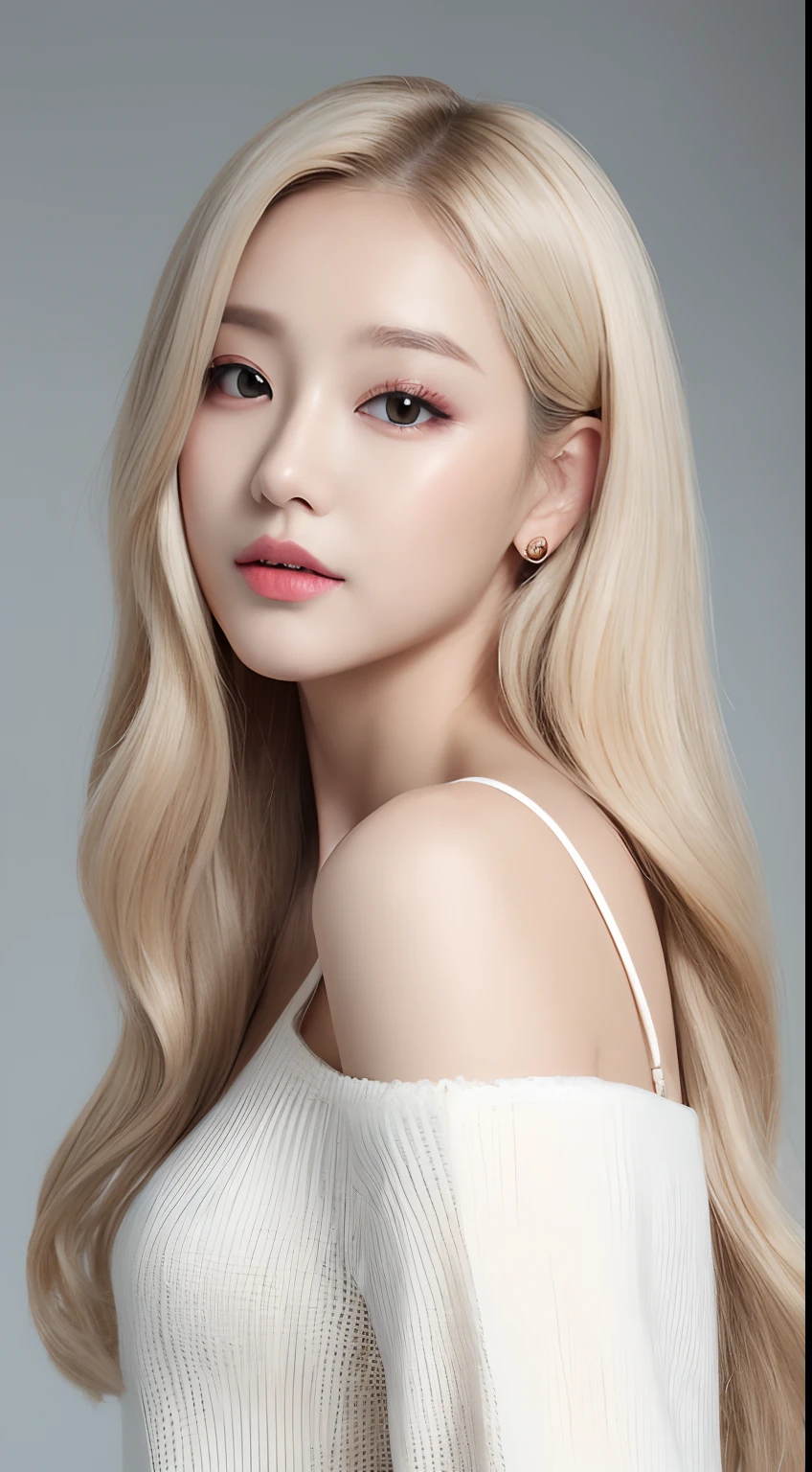 ((Realistic lighting、top-quality、8K、masterpiece:1.3))、Clear focus:1.2、1girl in、flawless beauty:1.4、slim((blonde hair))、Neat and clean clothing、One-piece clothes、Superfine Face、Narrow-eyed、二重まぶた、lighting like a movie、photos realistic、28 year old、Straight hair、Face like a K-pop idol、white backgrounid、Gray background、Mature Woman、Classy makeup、Light hair color Blonde、Angle of pull、