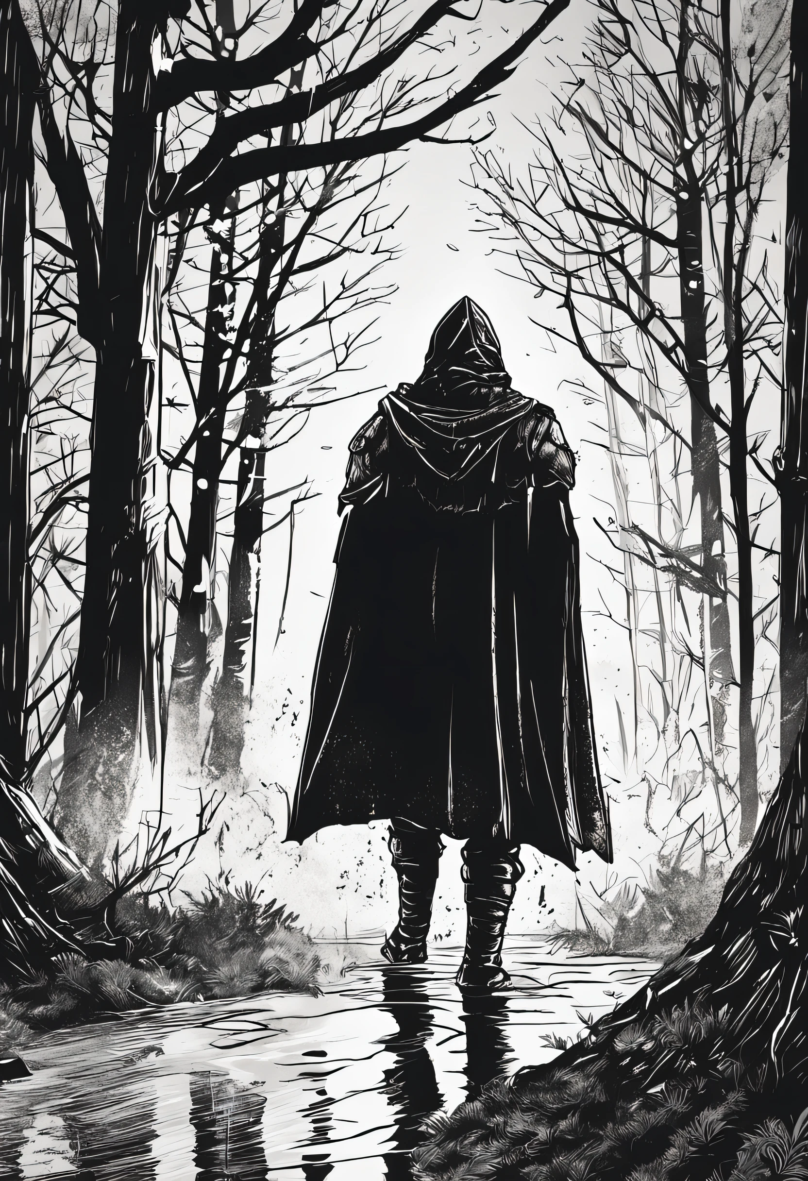 Close up of knight boots walking in the rain in a dark forest, as manga comic panel, manga drawing, manga shading, 4k, horror drawing