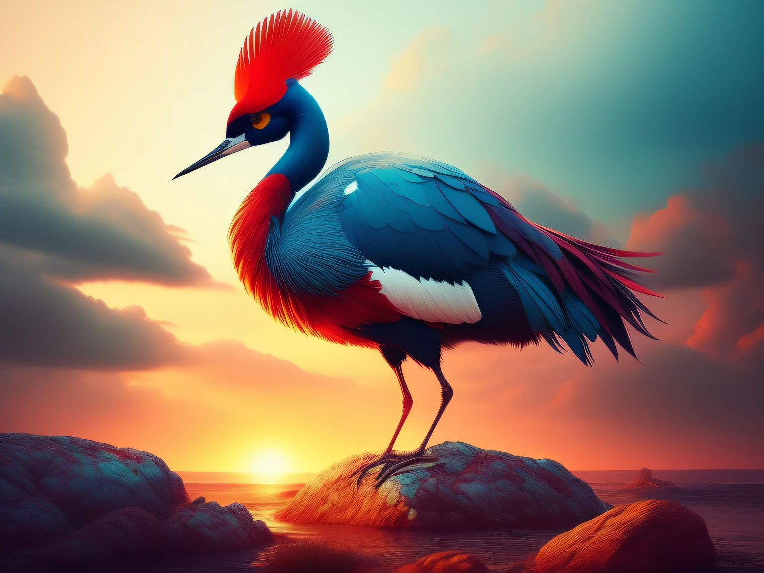 There is a one-legged red-crowned crane standing on a rock in the grass, Cyan back feathers,Red belly feathers,White mouth,a digital painting inspired by Mike Winkelmann, cgsociety contest winner, Fantasy art, fiery bird, birds f cgsociety, Beautiful digital artwork, surrealistic bird, Fantasy art Behance, stunning digital illustration, artwork of a phoenix, surrealistic bird, trend on behance 3d art