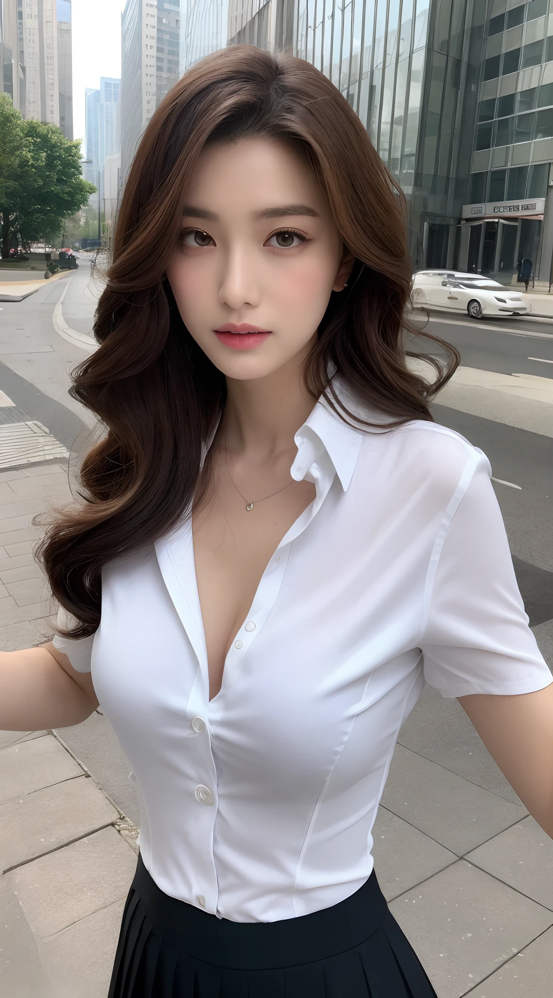 （Bestquality，high resolusion，a masterpiece：1.3），Unfastened buttons，A tall and pretty woman，Slender Abs，Dark brown hair in loose wavy styling，breast cleavage，White button up shirt，black pleated skirt，（Modern architecture in background），The details in the facial and skin textures are beautifully rendered，Detailed eyes，Double eyelidd，from above