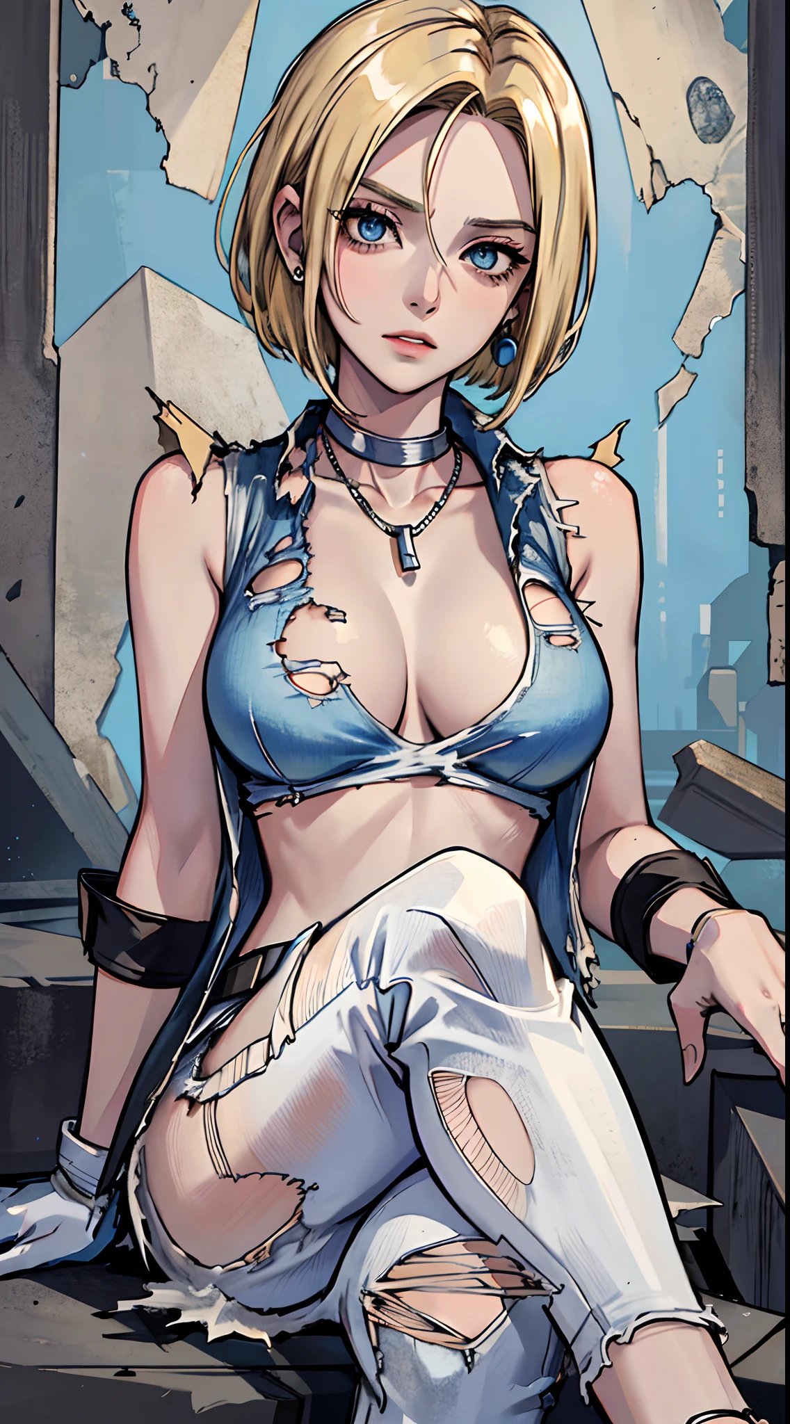 best quality, highres, and18, 1girl, android 18, solo, blonde hair, blue eyes, belt, jeans, pearl_necklace, bracelet, black gloves, white shirt, short hair, short sleeves, earrings, blue pants, open vest, black vest, large breasts, (ruins:1.3), (torn clothes:1.5), sitting, expressionless, crossed legs,