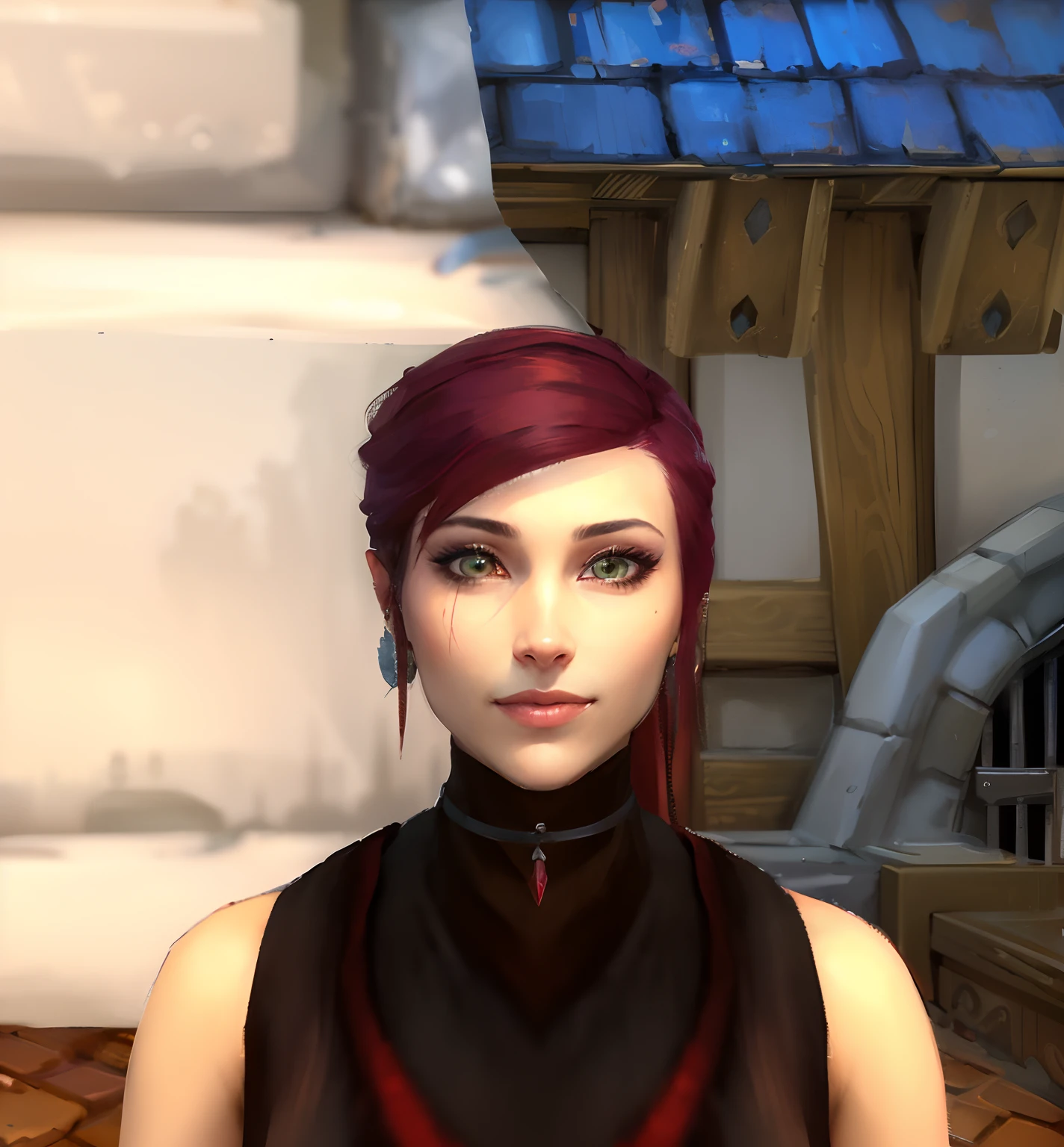 there is a woman with red hair and a black top, cattie - brie of mithril hall, elven character with smirk, portrait of a female mage, closeup portrait of an mage, portrait of a mage, detailed unblurred face, alluring mesmer woman, female elfling, half elf woman, closeup portrait of an artificer, ingame image
