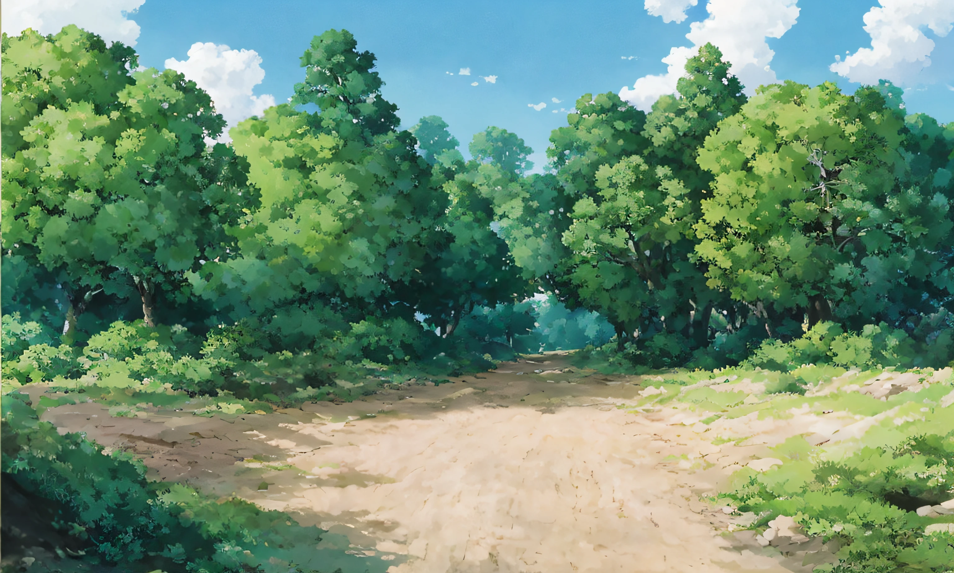 There is a painting of a dirt road in the forest, anime countryside landscape, Anime background art, Anime landscape, Anime landscapes, anime backgrounds, beautiful anime scenery, anime lush john 8k woods, Anime landscape concept art, Anime Nature, forest clearing landscape, anime landscape wallpapers, Detailed scenery —width 672, drawn in anime painter studio, landscape artwork