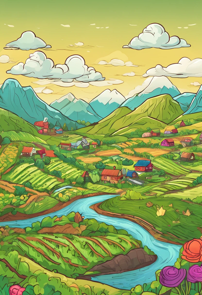 Cartoon children's style, texture brush mountain peaks, mountains, farmland, vegetable fields, cultivated land, cabbage fields, turnip fields, farmland, streams, creeks, countryside scenes, the foreground view of the vast, ultra-high-definition quality, high-definition map, 4K --ar 16:7
