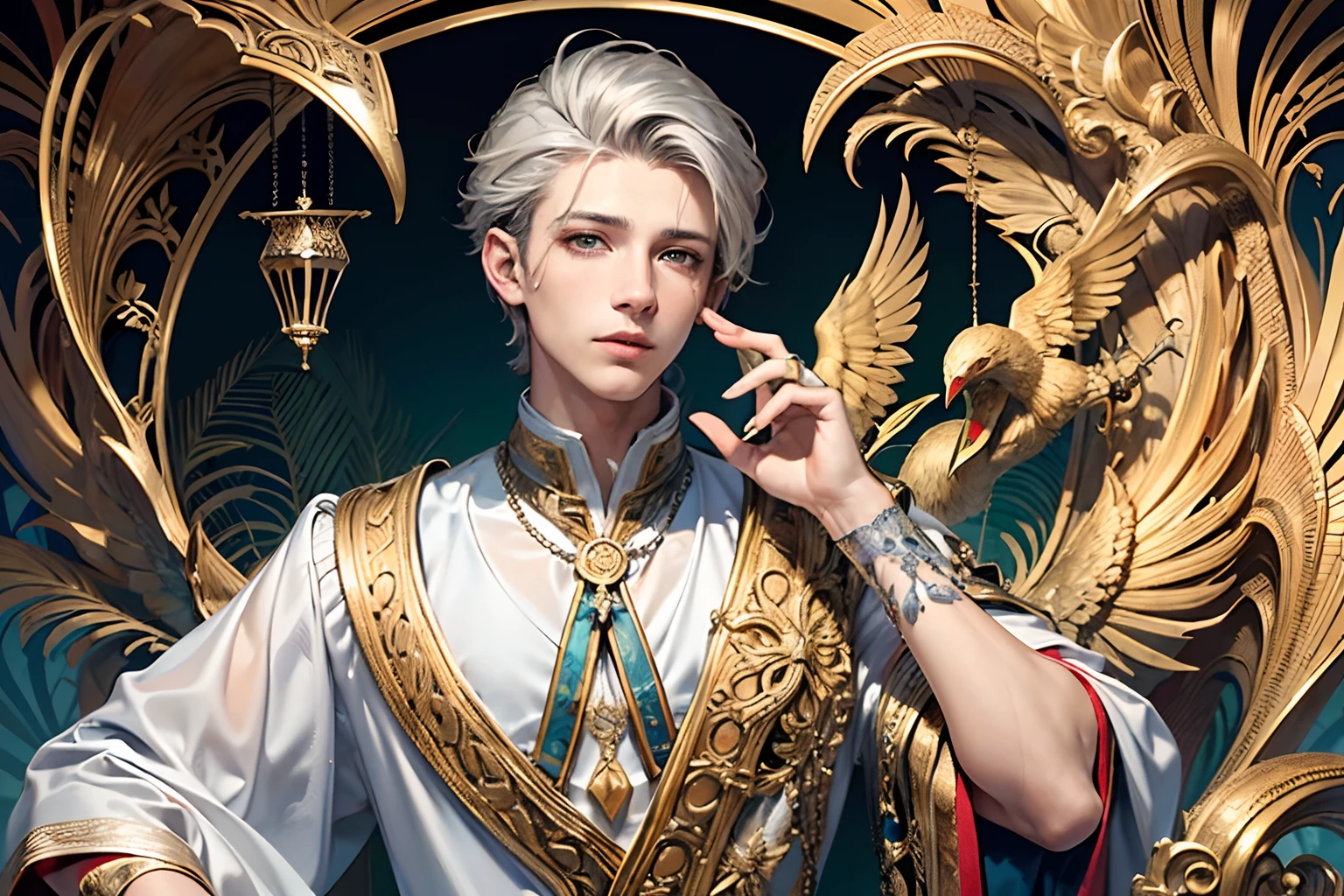 realistic, (masterpiece, top quality, best quality, official art, beautiful and aesthetic:1.2),
extremely detailed,fractal art,colorful,highest detailed,zentangle,(abstract background:1.5)
(1boy:1.3), (birds),silver hair, bright eyes,hair slicked back, short hair, black robe,