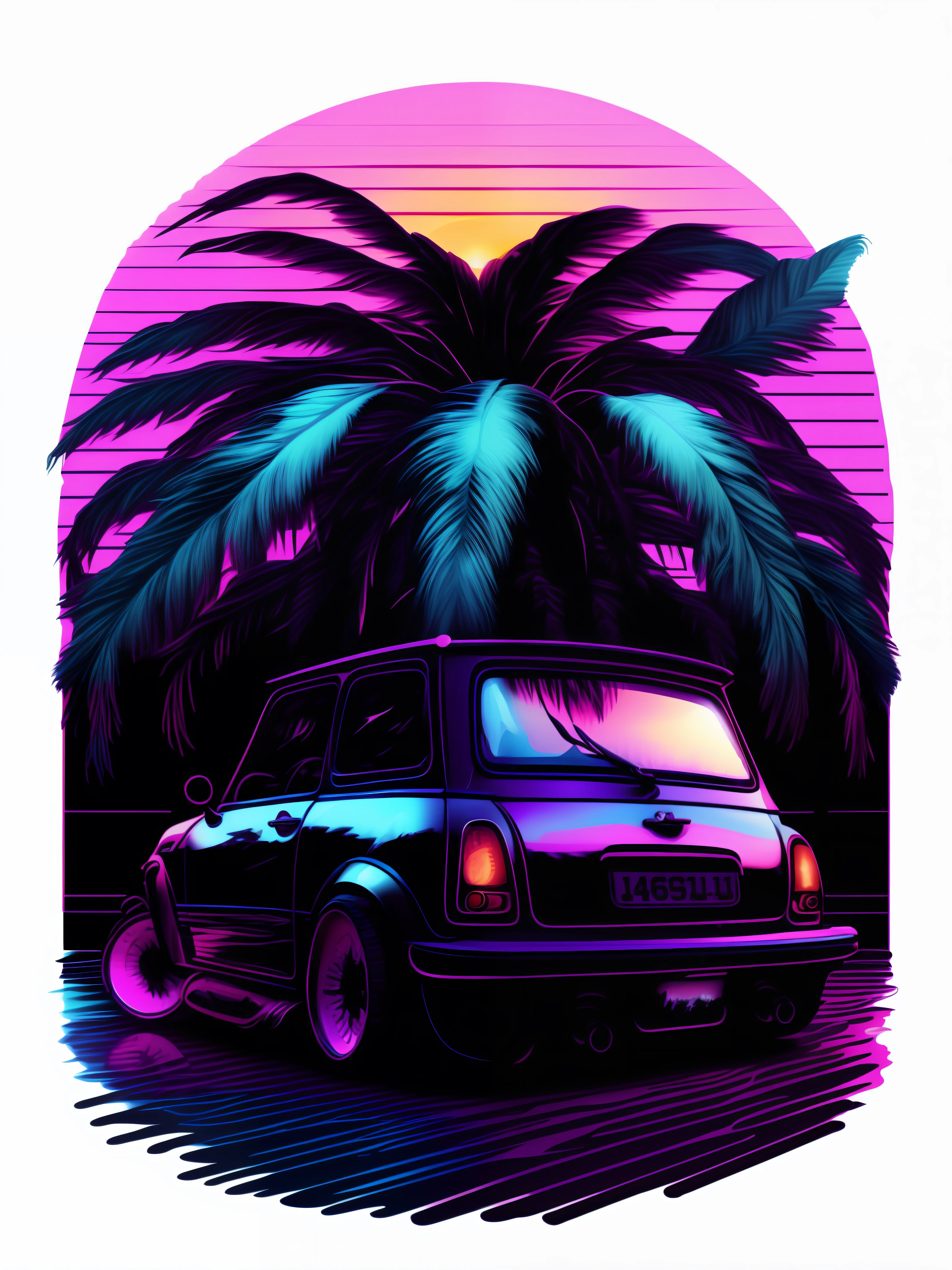 ein Mini-Cooper vor dem Sonnenuntergang, Vaporwave-Stil, Neon-Stil, Weiche Linien, Vektor-Aufkleber-Kunst, Vektor-Kernel, Komplizierte Details, white background , 8K