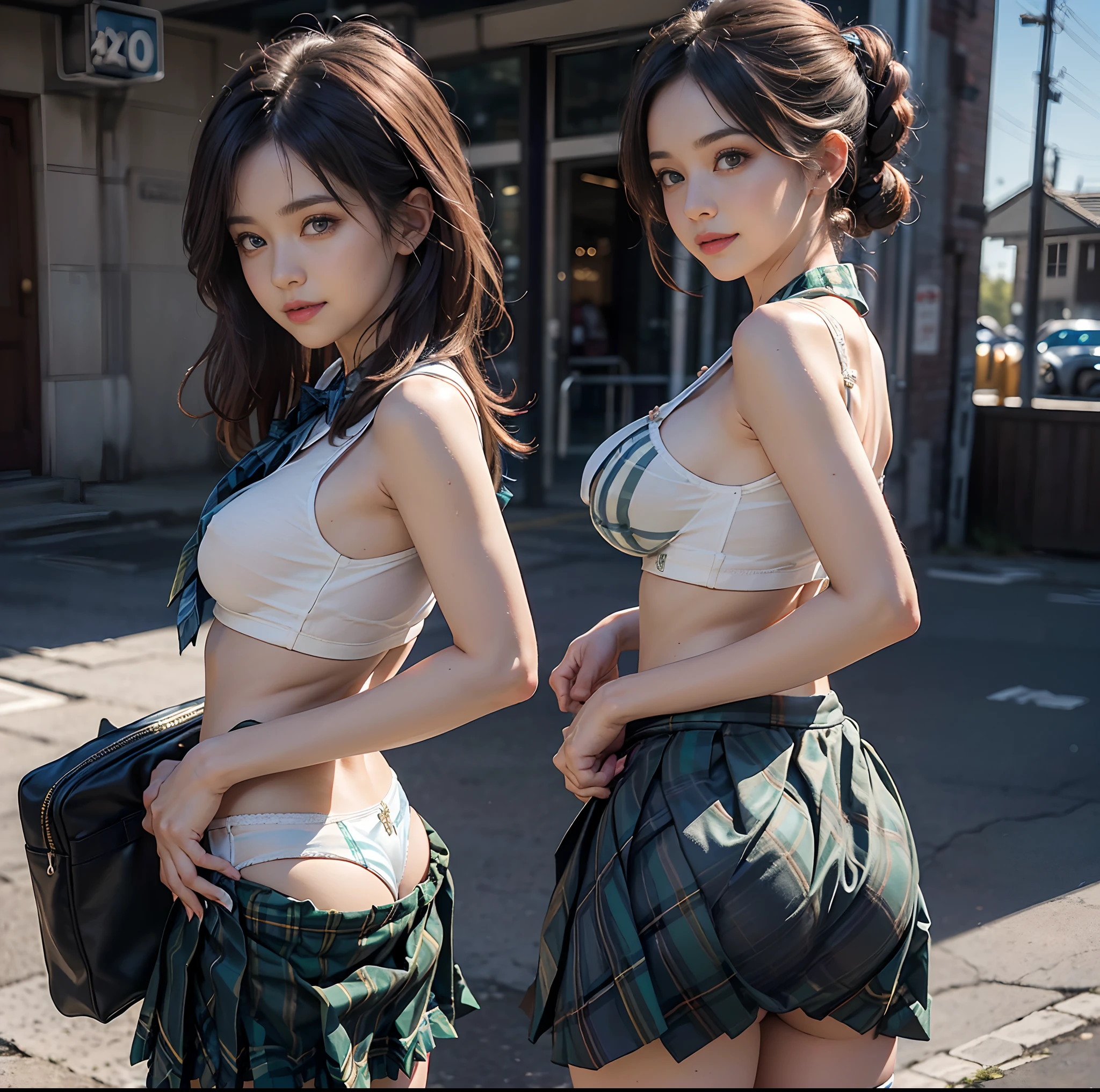 (top-quality)、 (masterpiece)、(Realistic lighting with shadows)、 (elegent)、 (A hyper-realistic:1.2)、(Stylish), (intricate detailes)、 (Perfect anatomical depiction of the human body:1.5)、(Girl standing facing me in front of the camera、Another girl on the other side is pointing her ass at me:1.5), ( Huge breasts :1.5), ( Huge ass :1.5), (Beautiful bright blue eyes squinting dazzlingly:1.2)、(Small lips without lipstick)、 (Brunette's half-up hair shines in the backlight), (She is a schoolgirl costume:2.0)、 (The skirt is a tartan plaid micro mini pleat:1.8)、 (Thin crimson ribbon ties:1.2), (She is standing and bending her knees:1.2)、(This is a photo taken with squinted eyes and a cute smile..:1.2), (While pulling up the skirt with both hands, Showing off white low-cut panties that are too small for her proud big ass from the front:2.0), (Only one person shows off his proud big ass from directly behind while turning his back:1.3), (the face is chubby:1.2), (perfect anatomia), (A detailed face), (Perfect hands, Correct number of arms, Correct number of fingers, nice hand, Anatomically correct hand), irene1