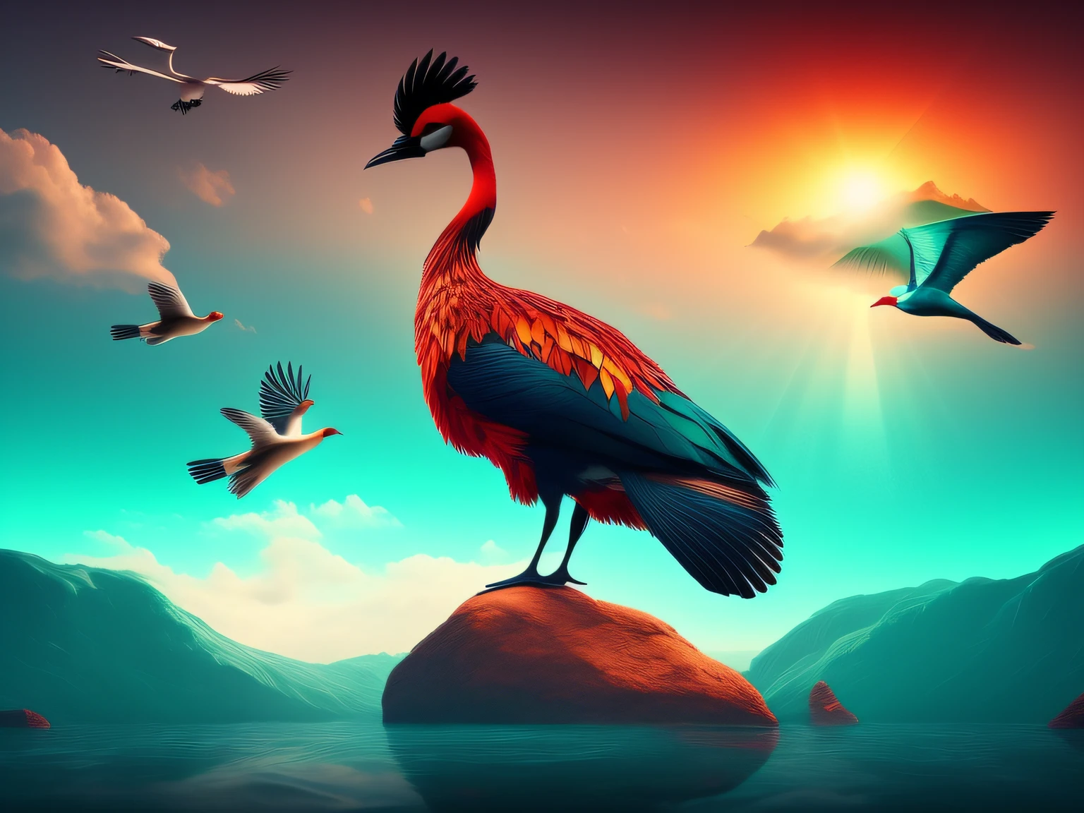 There is a one-legged red-crowned crane standing on a rock in the grass, Cyan back feathers,Red belly feathers,White mouth,a digital painting inspired by Mike Winkelmann, cgsociety contest winner, Fantasy art, fiery bird, birds f cgsociety, Beautiful digital artwork, surrealistic bird, Fantasy art Behance, stunning digital illustration, artwork of a phoenix, surrealistic bird, trend on behance 3d art