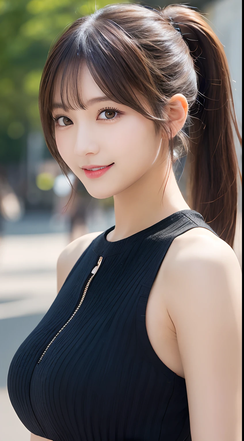 masutepiece, Best Quality, Illustration, Ultra-detailed, finely detail, hight resolution, 8K Wallpaper, Perfect dynamic composition, Beautiful detailed eyes, Women's Fashion Summer,Ponytail hair,Small breasts natural color lip, Bold sexy poses,Smile,Harajuku、20 years girl、Cute、Sexy shot looking at camera