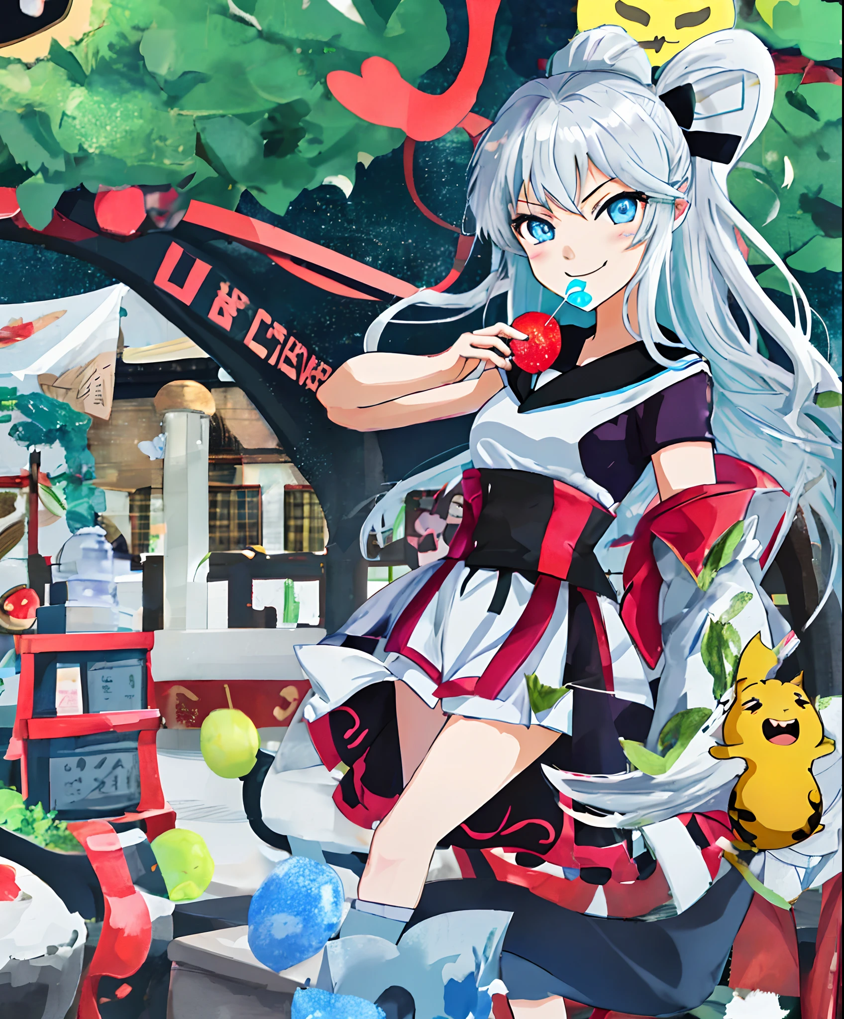 Anime girl with long hair and blue eyes eating a piece of food, shikamimi, nyaruko-san, ahegao face, lollipop, [[[[grinning evily]]]], roguish smirk, rei hiroe, discord pfp, senko-san, small curvaceous loli, shirabii, cute anime face