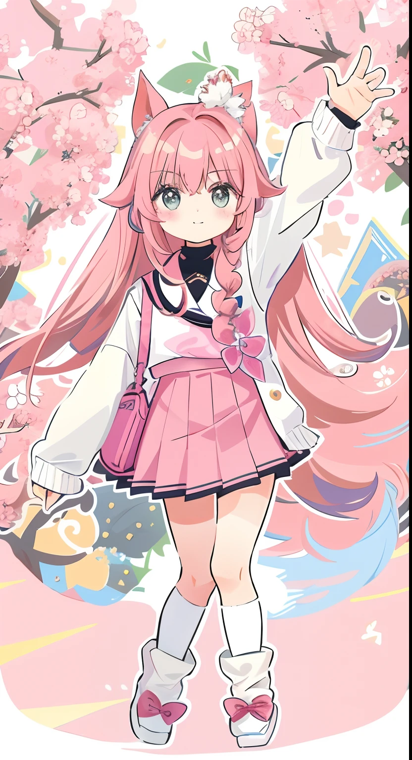 A pink-haired，dual horsetail，cat ear，junior school student，Than heart，teens girl，laughingly