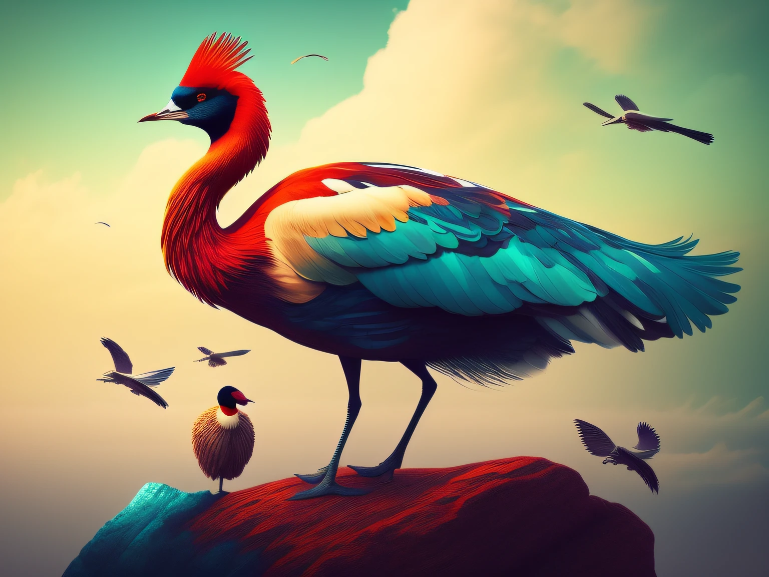 There is a one-legged red-crowned crane standing on a rock in the grass, Cyan back feathers,Red belly feathers,White mouth,a digital painting inspired by Mike Winkelmann, cgsociety contest winner, Fantasy art, fiery bird, birds f cgsociety, Beautiful digital artwork, surrealistic bird, Fantasy art Behance, stunning digital illustration, artwork of a phoenix, surrealistic bird, trend on behance 3d art