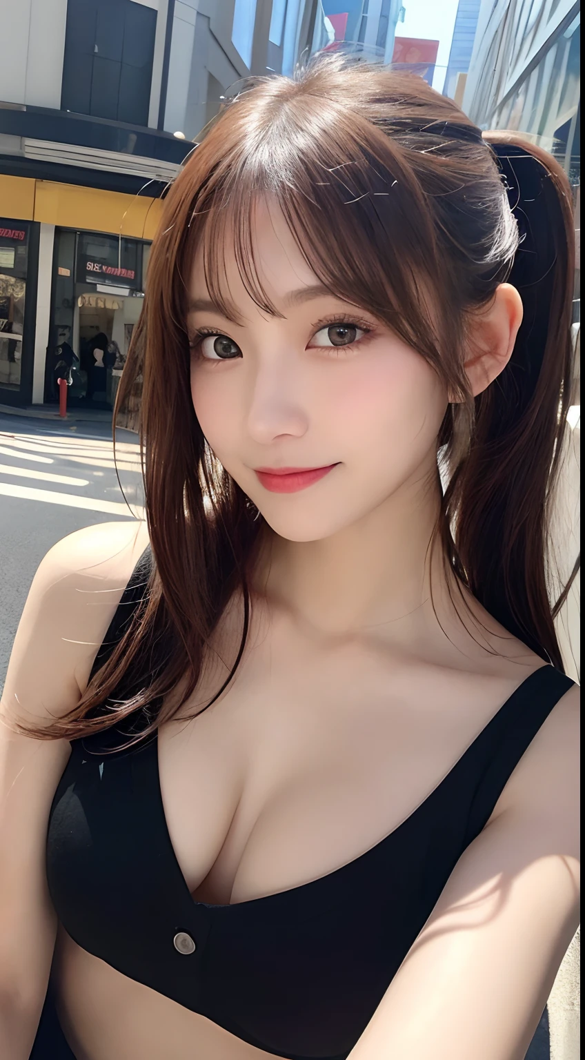 masutepiece, Best Quality, Illustration, Ultra-detailed, finely detail, hight resolution, 8K Wallpaper, Perfect dynamic composition, Beautiful detailed eyes, Women's Fashion Summer,Ponytail hair, (large breasts:1.3), Cleavage, Natural color lip, Bold sexy poses,Smile,harajuku、23years girl、Cute、Sexy shot looking at camera