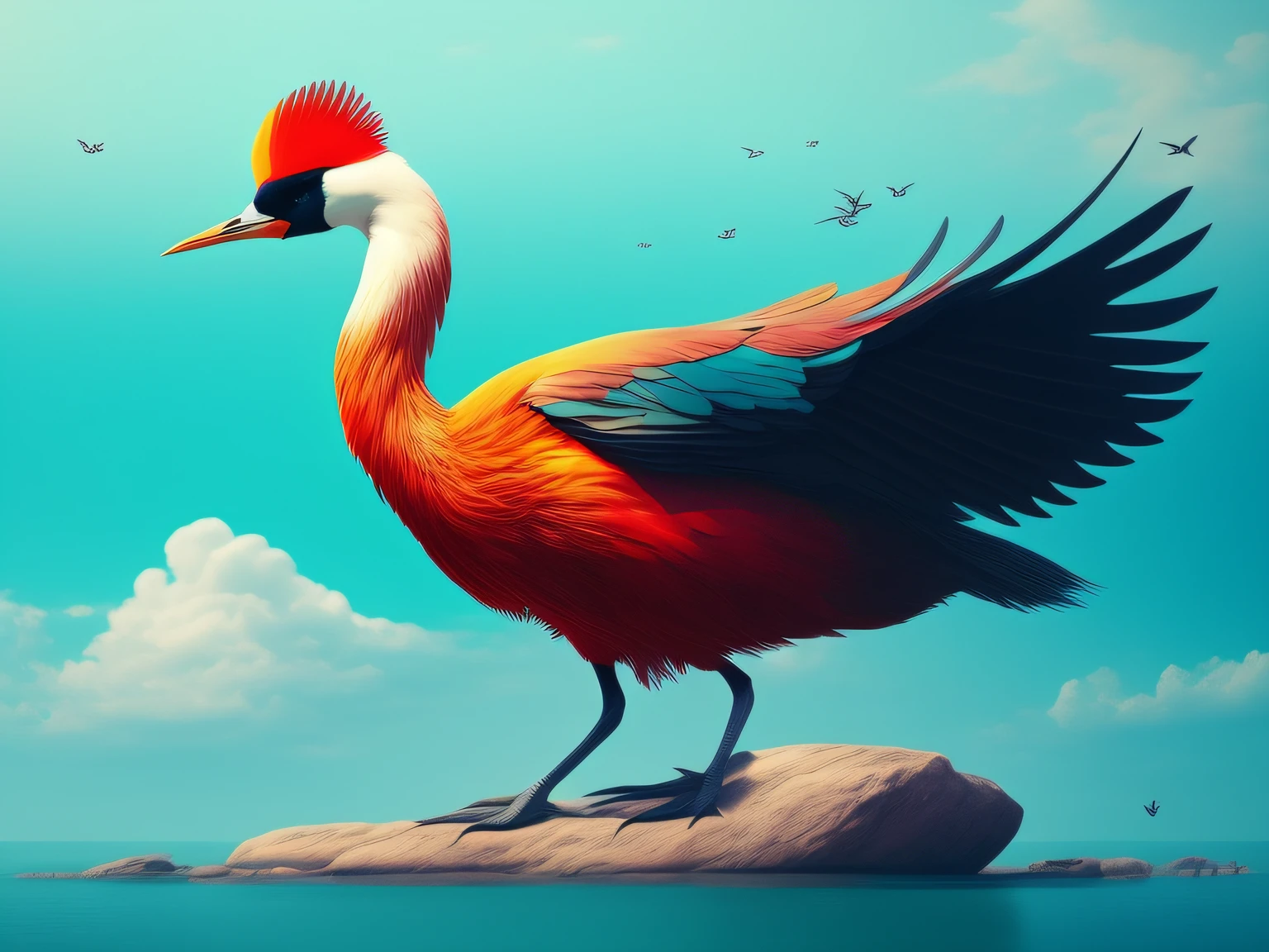 There is a one-legged red-crowned crane standing on a rock in the grass, Cyan back feathers,Red belly feathers,White mouth,a digital painting inspired by Mike Winkelmann, cgsociety contest winner, Fantasy art, fiery bird, birds f cgsociety, Beautiful digital artwork, surrealistic bird, Fantasy art Behance, stunning digital illustration, artwork of a phoenix, surrealistic bird, trend on behance 3d art