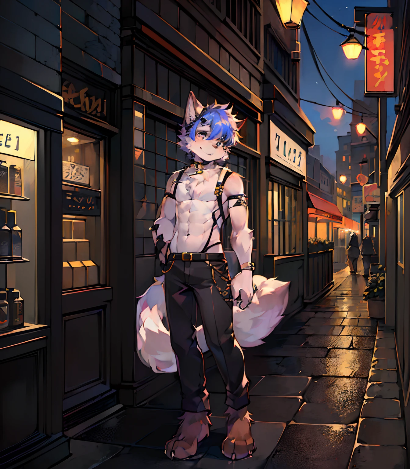 (Furry art, Uploaded on e621:1.4), 1boy, (Solo_Focus), (Male:1.3) (Furry:1.5) anthro, (Upper body:1.3), Have on the street, solofocus, Detailed face, Detailed eyes, (fashion hair:1.4), Detailed fluffy fur, Fluffy tail, Short hair, digitigrade, Seductive pose, S...