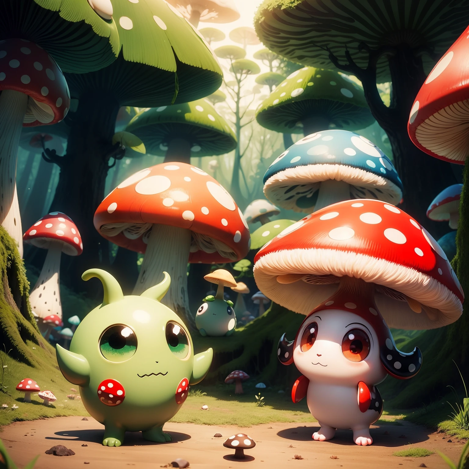 Cute monsters in Mushroom Village、The head has red polka dots like poisonous mushrooms、Have round eyes、Anime style、Standing in the forest、limbs are short、Cute Monsters、