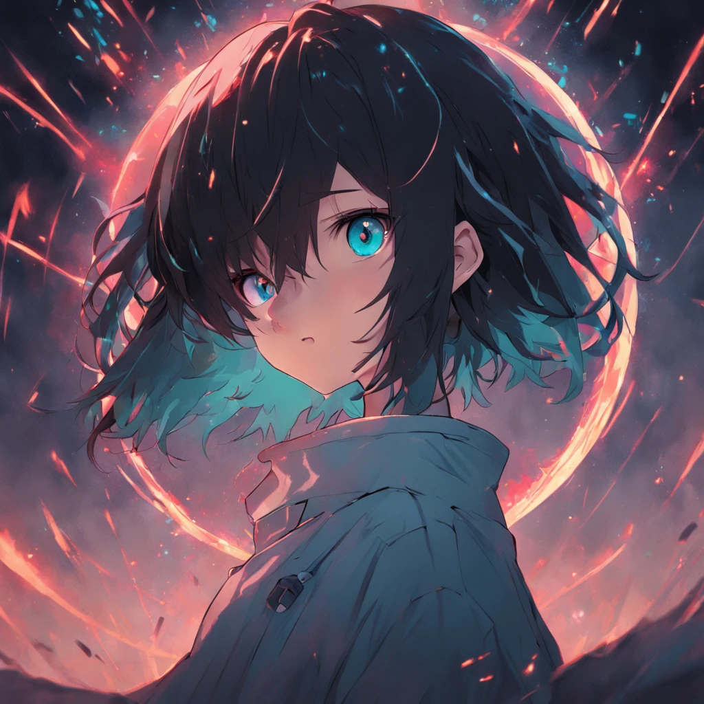 A boy,black hair, solid circle eyes, doubt, In the dark, anime big breast, ancientry, long whitr hair, raised eyebrows, anaglyph, pov, atmospheric perspective, 8k, super detail, ccurate, best quality