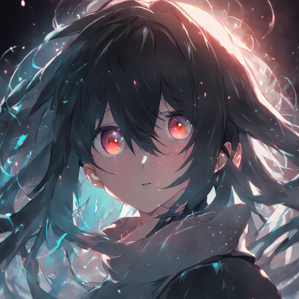 A boy,black hair, solid circle eyes, doubt, In the dark, anime big breast, ancientry, long whitr hair, raised eyebrows, anaglyph, pov, atmospheric perspective, 8k, super detail, ccurate, best quality