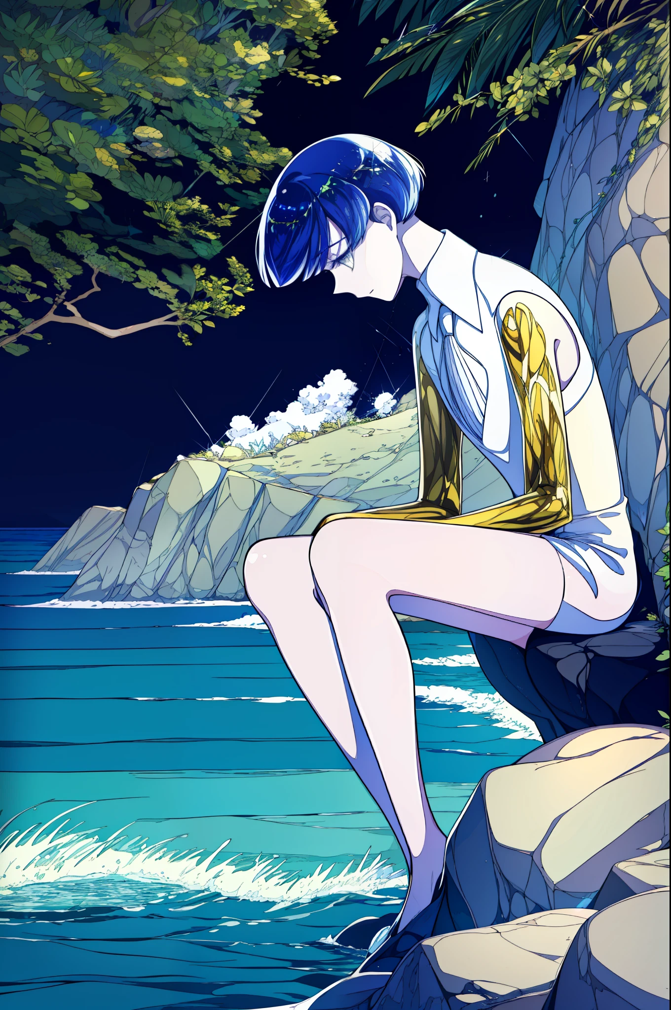 phosphophyllite, sitting down on a rock, ocean, beach, beautiful water, melting golden arms, crystal hair, heterochromia, blue eyes, white eyes, colored eyelashes, gem uniform, necktie, puffy short sleeves, shorts, looking up, sun, looking away from camera, flowers