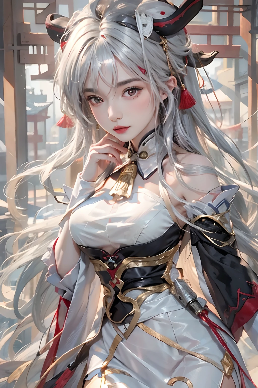 Photorealistic, high resolution, 1womanl, Solo, Hips up, view the viewer, (Detailed face), Narrow waist, closedlips, White hair, Long hair,Ganyu \(Genshin Impact\), bangs, Bare shoulders, bell, Black gloves, Black pantyhose, Blush, Chinese knot, horn, Detached sleeves, jewelry