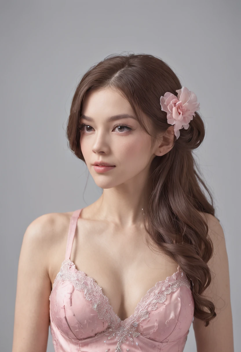 Pink dress,White bra,The upper garment is pulled down to reveal the right bra,Posture standing,There is a little drop of water on the chest,Long hair,A few strands of hair were scattered and flowed to the chest