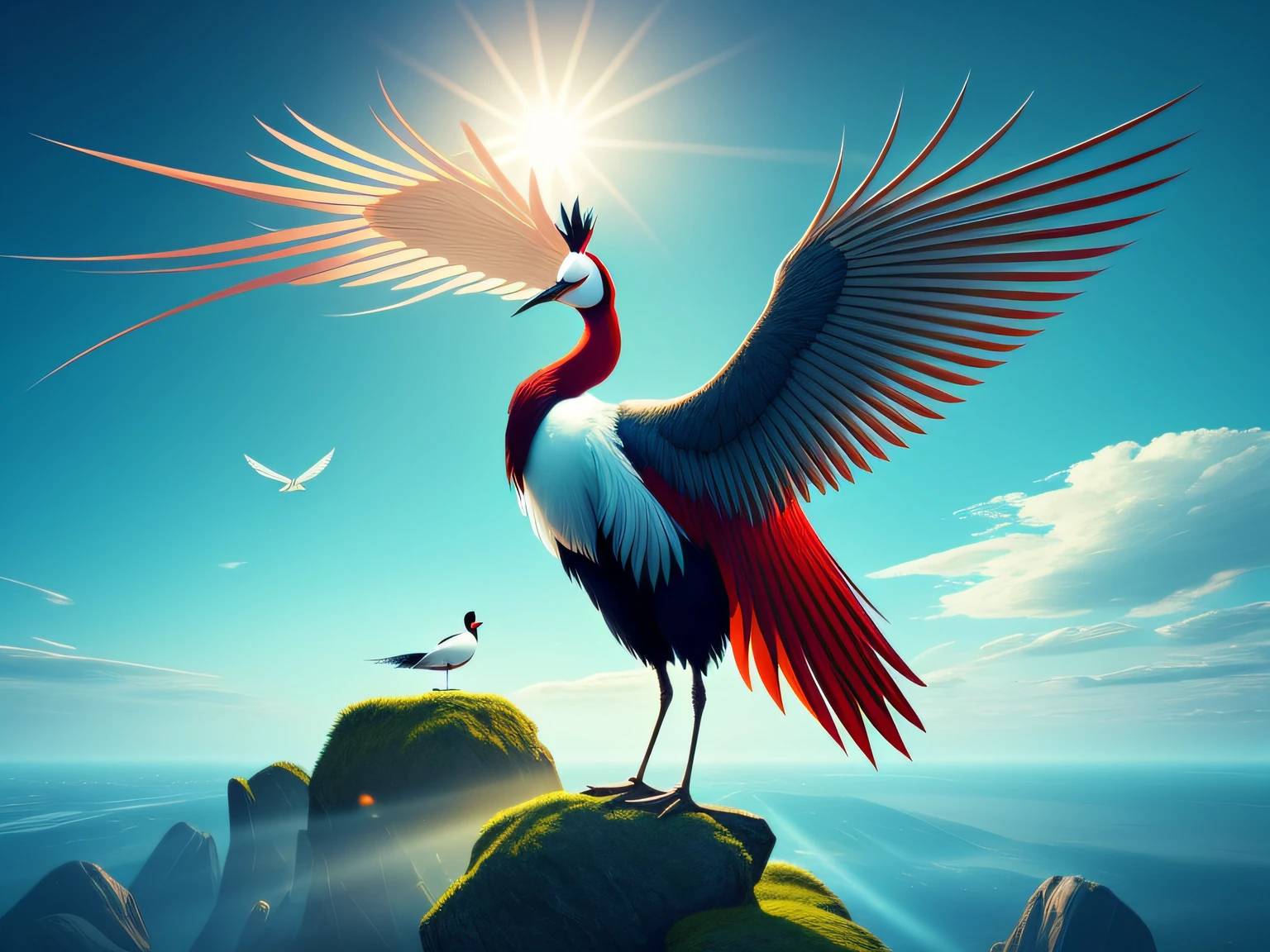 There is a one-legged red-crowned crane standing on a rock in the grass, Cyan back feathers,Red belly feathers,White mouth,a digital painting inspired by Mike Winkelmann, cgsociety contest winner, Fantasy art, fiery bird, birds f cgsociety, Beautiful digital artwork, surrealistic bird, Fantasy art Behance, stunning digital illustration, artwork of a phoenix, surrealistic bird, trend on behance 3d art