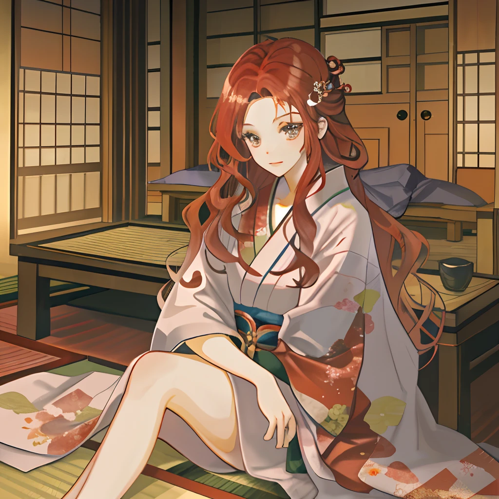 one-girl，red long wavy hair，in a kimono，Bare thighs，Seductive expressions，Lie on a tatami，In a Japanese-style wooden house，overhead photography