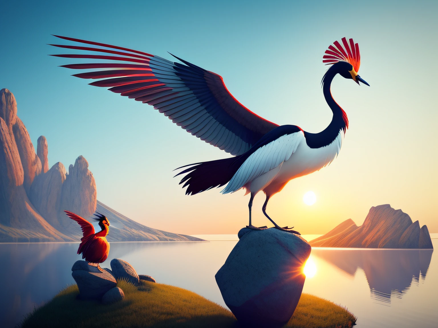 There is a one-legged red-crowned crane standing on a rock in the grass, Cyan back feathers，Red belly feathers，White mouth，a digital painting inspired by Mike Winkelmann, cgsociety contest winner, Fantasy art, fiery bird, birds f cgsociety, Beautiful digital artwork, surrealistic bird, Fantasy art Behance, stunning digital illustration, artwork of a phoenix, surrealistic bird, trend on behance 3d art