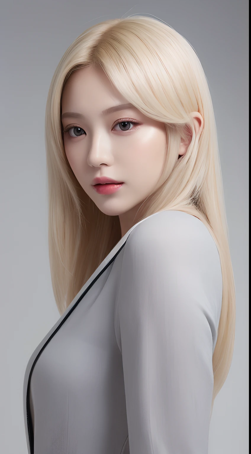 ((Realistic lighting、top-quality、8K、​masterpiece:1.3))、Clear focus:1.2、1girl in、flawless beauty:1.4、slim((blonde  hair))、Neat and clean clothing、One-piece clothes、Superfine Face、Narrow-eyed、二重まぶた、lighting like a movie、photos realistic、28 year old、Straight hair、Face like a K-pop idol、white backgrounid、Gray background、Mature Woman、Classy makeup、Light hair color Blonde、Angle of pull、