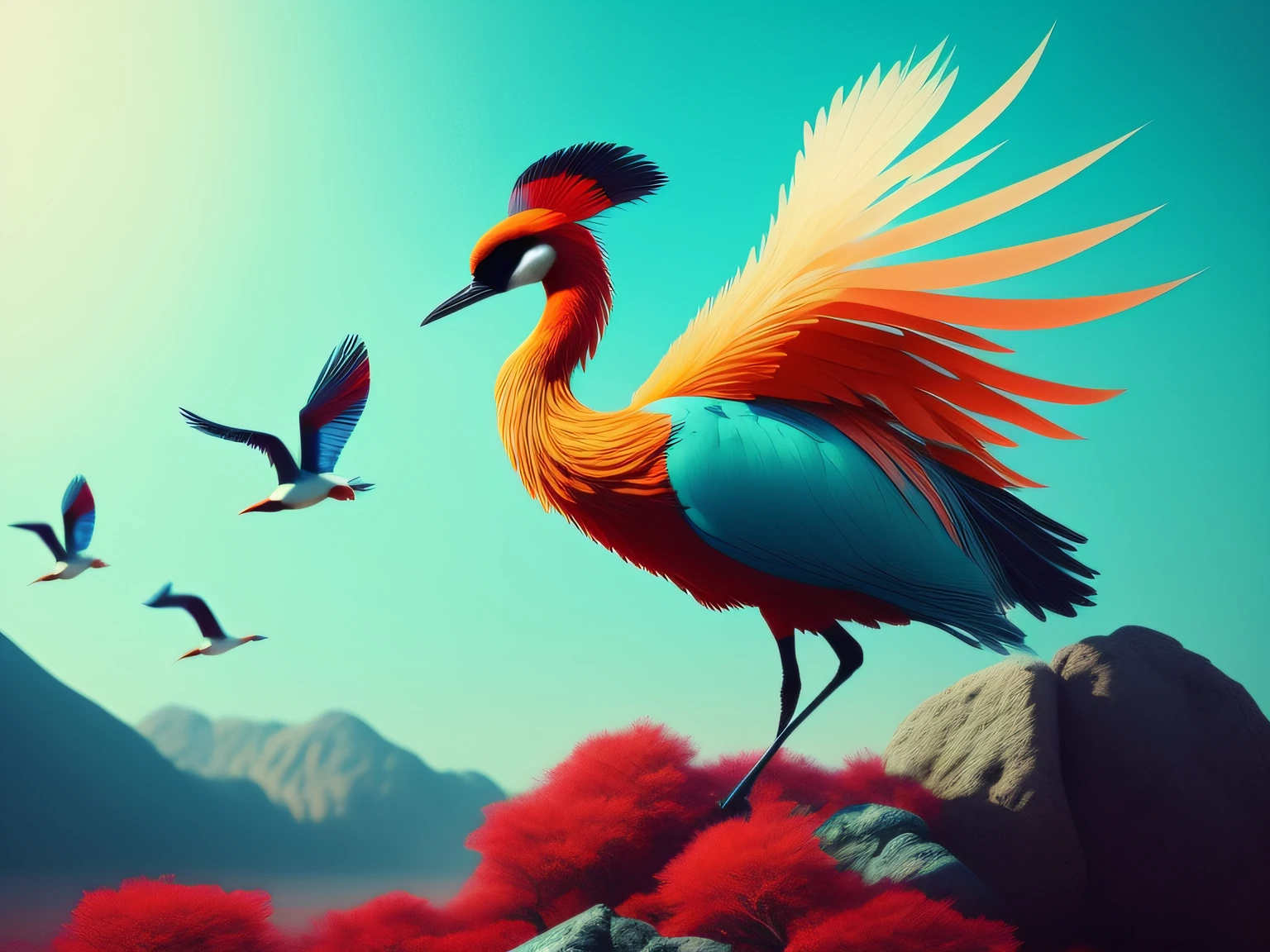 There is a one-legged red-crowned crane standing on a rock in the grass, (Cyan back feathers)，(Red belly feathers)，White mouth，a digital painting inspired by Mike Winkelmann, cgsociety contest winner, Fantasy art, fiery bird, birds f cgsociety, Beautiful digital artwork, surrealistic bird, Fantasy art Behance, stunning digital illustration, artwork of a phoenix, surrealistic bird, trend on behance 3d art