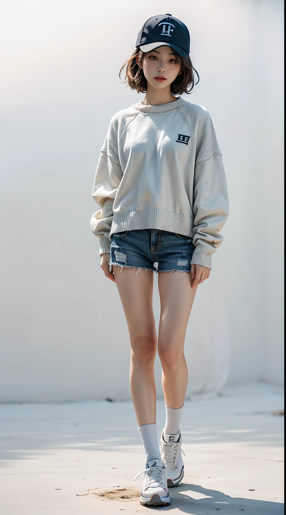 bra top、Heavyweight sweatshirt wide easy pants、A woman with the same face as last time(misaki),4K、1people's women、slender、 Loose wavy styling 、seductive and attractive、full body shot,Including face and skin texture,detailed eyes、a seductive look