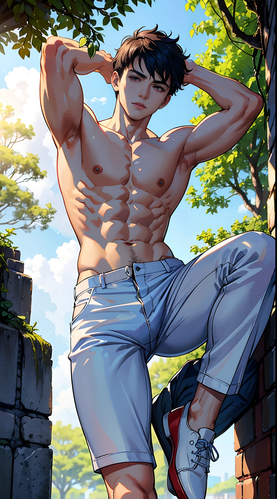 (absurderes, A high resolution, Ultra detailed, hdr), Masterpiece, Best quality, Portrait of a boy, Handsome boy with red eyes, Detailed face, Professional photo, The Alafed man is shirtless, Fight comfortably，legs are open, (puffynipple(From below:1.1)), Focus on your audience,18 year old boy, Handsome boy, [ Firmly defined body ]，The royal blue shirt is open，Abs，chest muscle，short white pants，large bulge，white shoe，Close-up of feet，Leaning against a tree，Put your hands behind your head， --auto