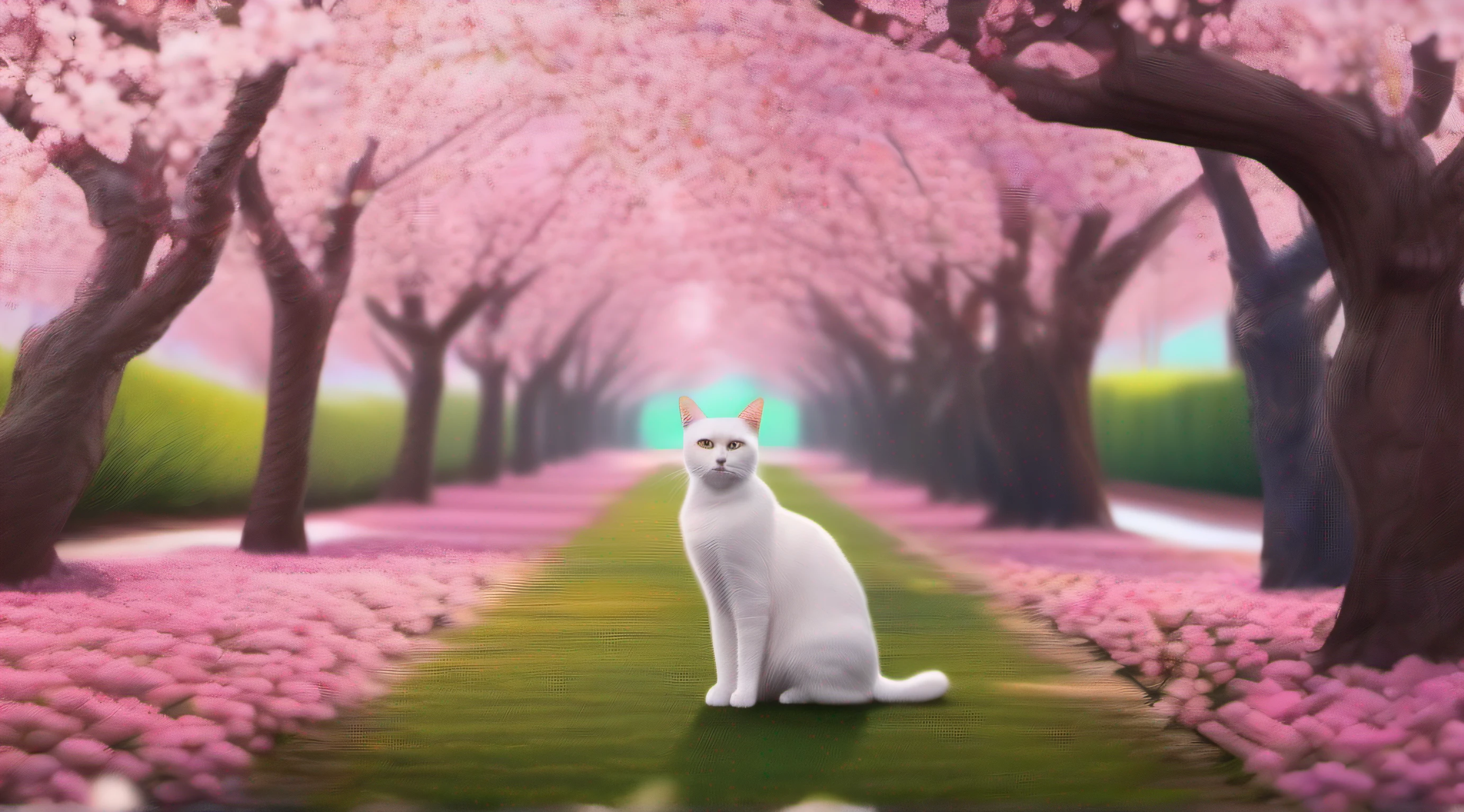 catss, Standing in the middle of a row of cherry blossom trees, There are no people, realistic