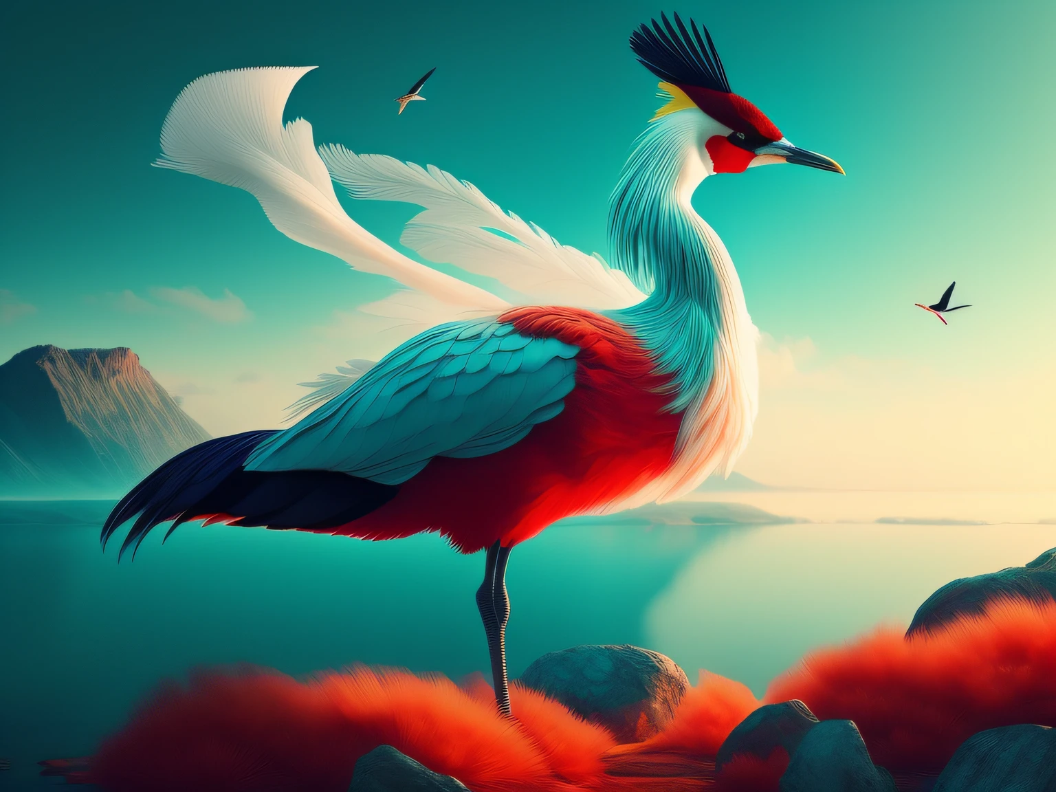 There is a one-legged red-crowned crane standing on a rock in the grass, (Cyan back feathers),(Red belly feathers),White mouth,a digital painting inspired by Mike Winkelmann, cgsociety contest winner, Fantasy art, fiery bird, birds f cgsociety, Beautiful digital artwork, surrealistic bird, Fantasy art Behance, stunning digital illustration, artwork of a phoenix, surrealistic bird, trend on behance 3d art