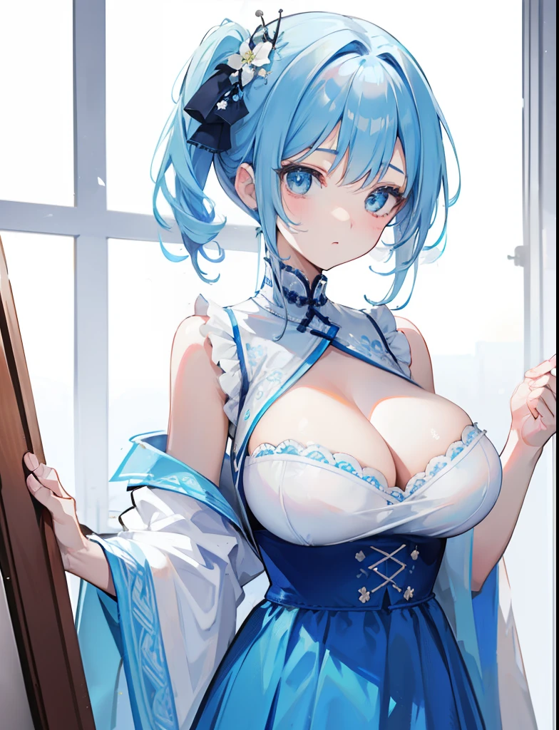 blue hairs,Blue and white clothes,Sexy big breasts,Sell cute very cute sweet girl,Same hairstyle and clothes as pictured,But more detailed than pictures,more clearly,More refined
